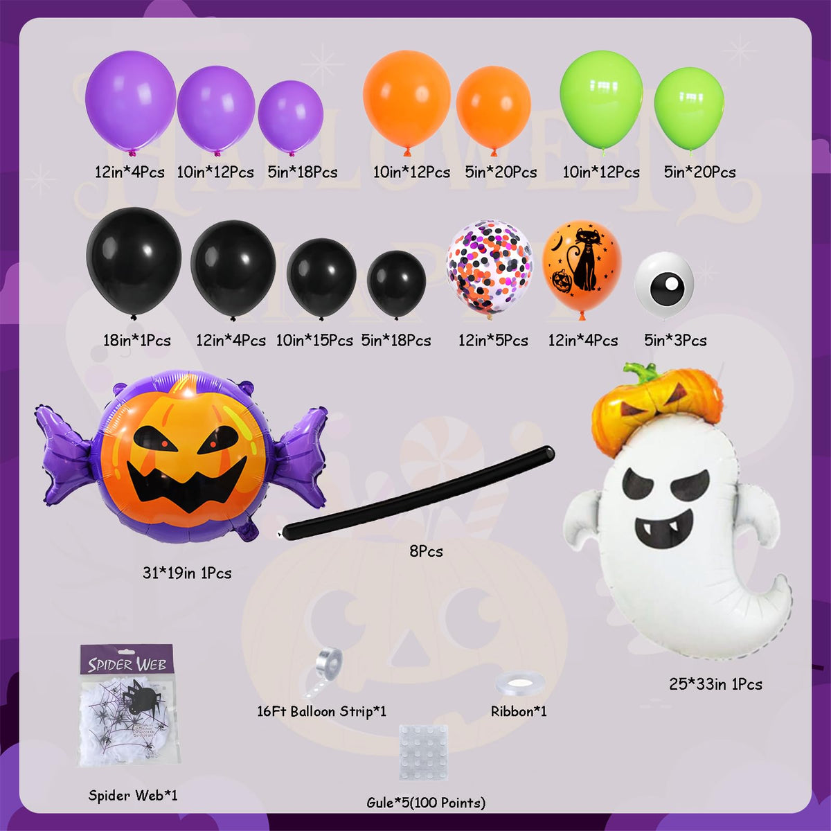 DBKL 159Pcs Halloween Balloons Garland Arch Kit, Ghost Pumpkin Foil Balloons with Black Orange Purple Fruit Green Confetti Balloon for Halloween Party Decorations