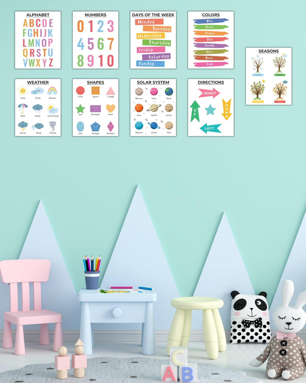 CNTG Design Educational Posters – Set of 9, 8x10 Inch Unframed Wall Art – Alphabet, Numbers, Solar System, Shapes & Classroom Decor for Homeschool (Essential Learning)