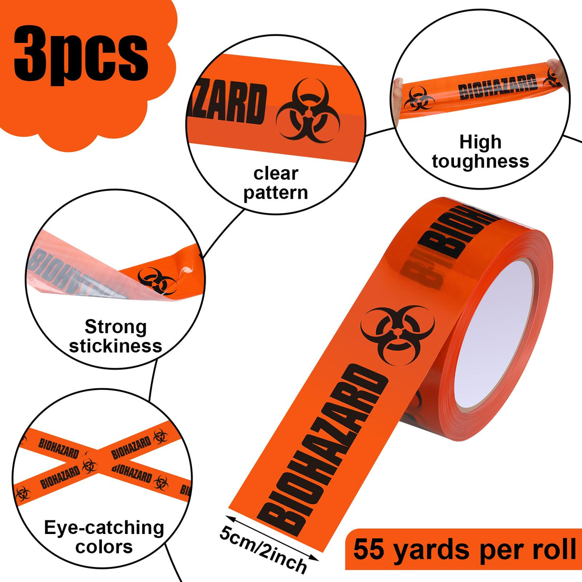 Innconee 3 Rolls Biohazard Tape Roll Safety Warning Adhesive Stickers Orange Caution Tape Roll with Legend Biohazard for Identifying and Marking, 55 Yd. Length x 2" Width