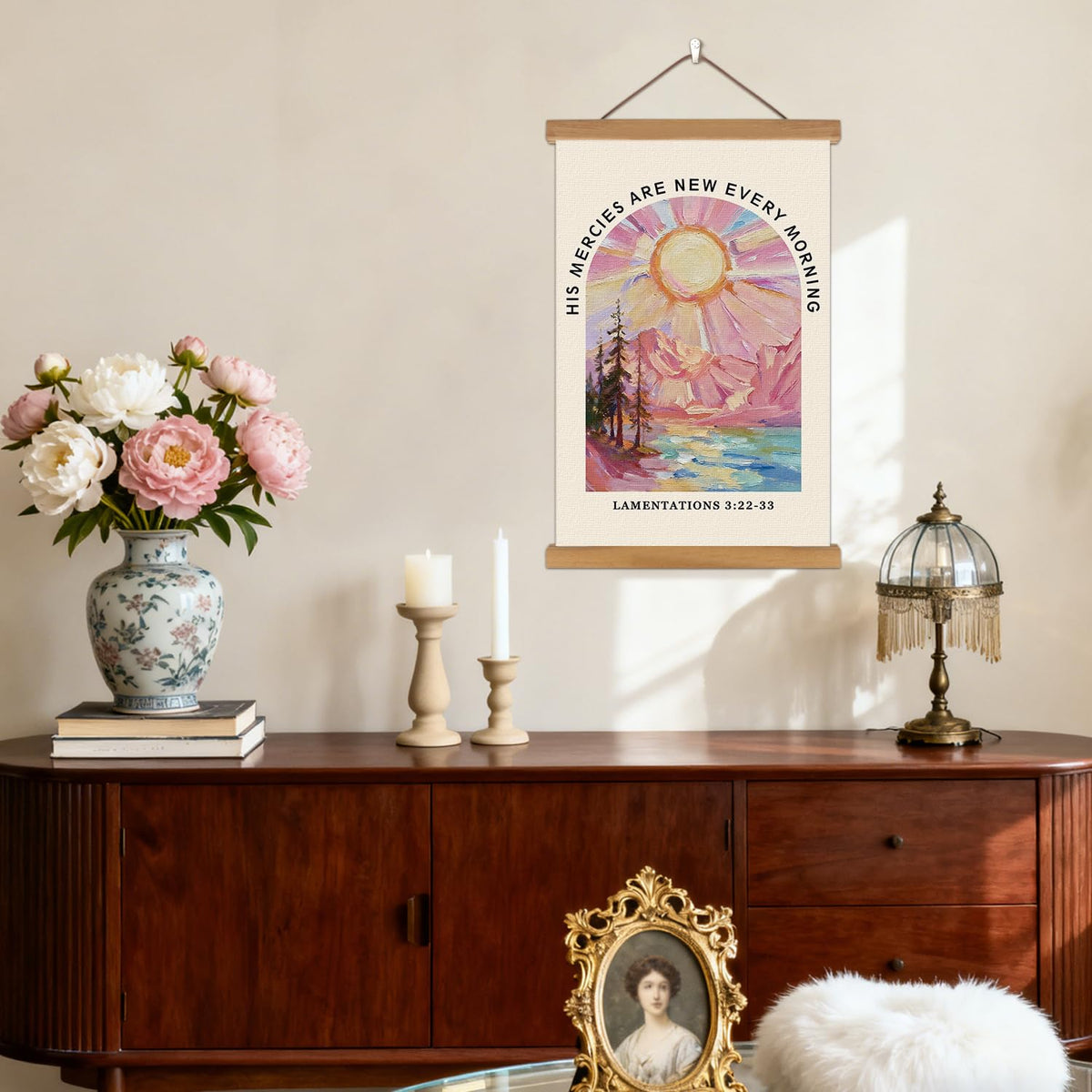KAIRNE Christian Wall Decor,Inspirational Scripture Wall Art,Bible Verses Canvas Poster,Framed Abstract Religious Prints,Pink Mountain Landscape Paintings For Home Ling Room Bedroom Church Decoration