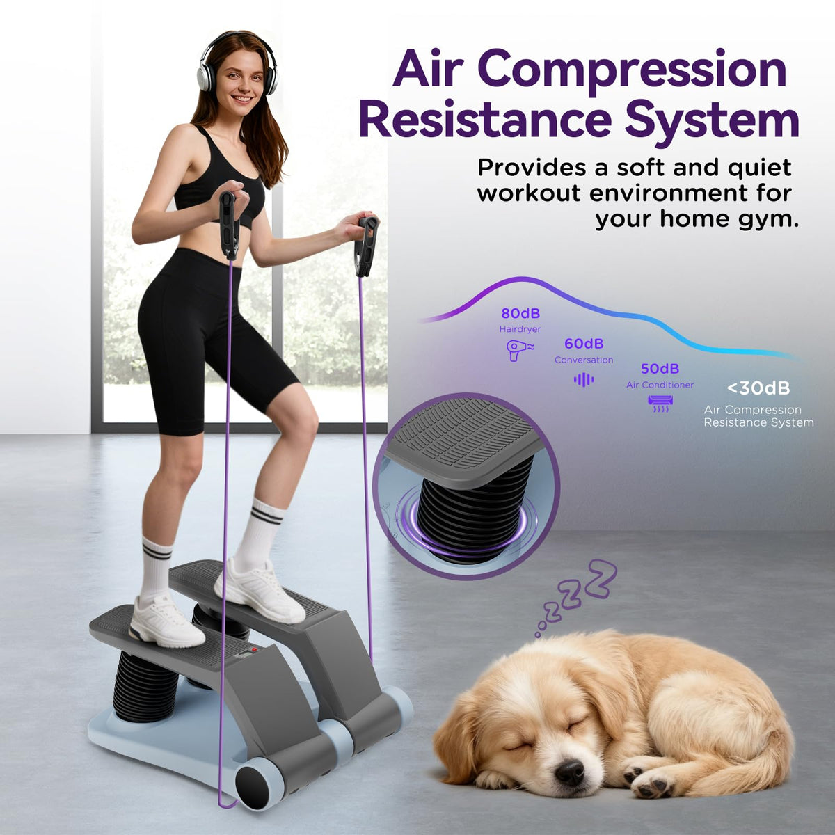Air Stepper Exercise Machine with Resistance Bands, Stair Stepper with LCD Monitor, Adjustable Resistance Cardio Trainer for Home Workout, Compact Fitness Equipment, 300 lbs Weight Capacity (Blue)