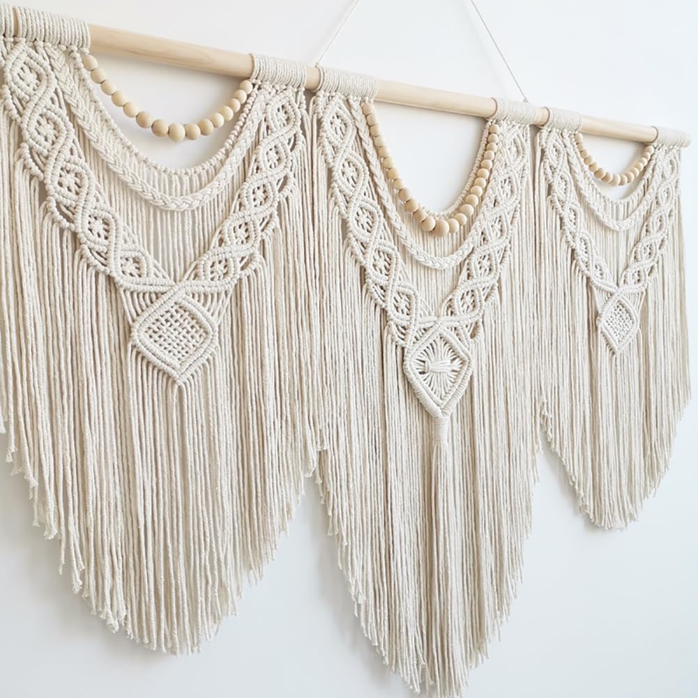 Achart Macrame Wall Hanging Large- Boho Wall Decor- large wall art- Wall Decor Living Room- Macrame Tapestry Boho Decor for Bedroom (Wooden Bead)