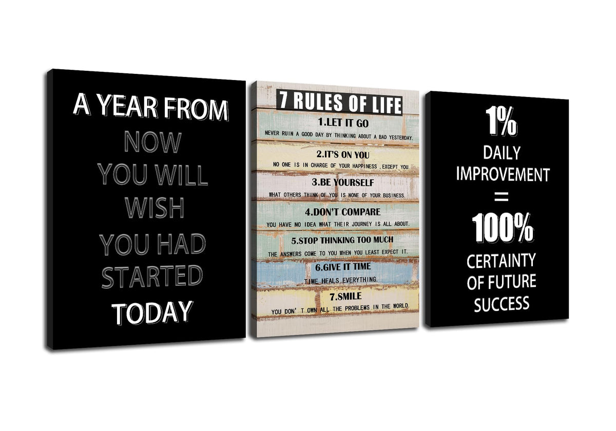 PSYYSP Motivational Wall Art 7 Rules of Life Canvas Print Framed Inspirational Quotes Poster for Office Home Gym Success Action Discipline Decor Modern Black White Artwork 36x16