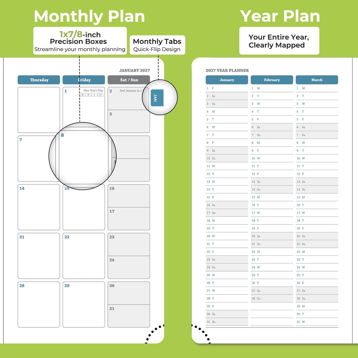 IN-LUXPRO Planner 2026-2027 Daily Weekly and Monthly,6.5"x3.75",18 Months Spiral Bound Calendar Agenda with Self-adhesive Pen Holder,2026 Academic Plan with Vegan Leather Soft Cover,Wasabi Green