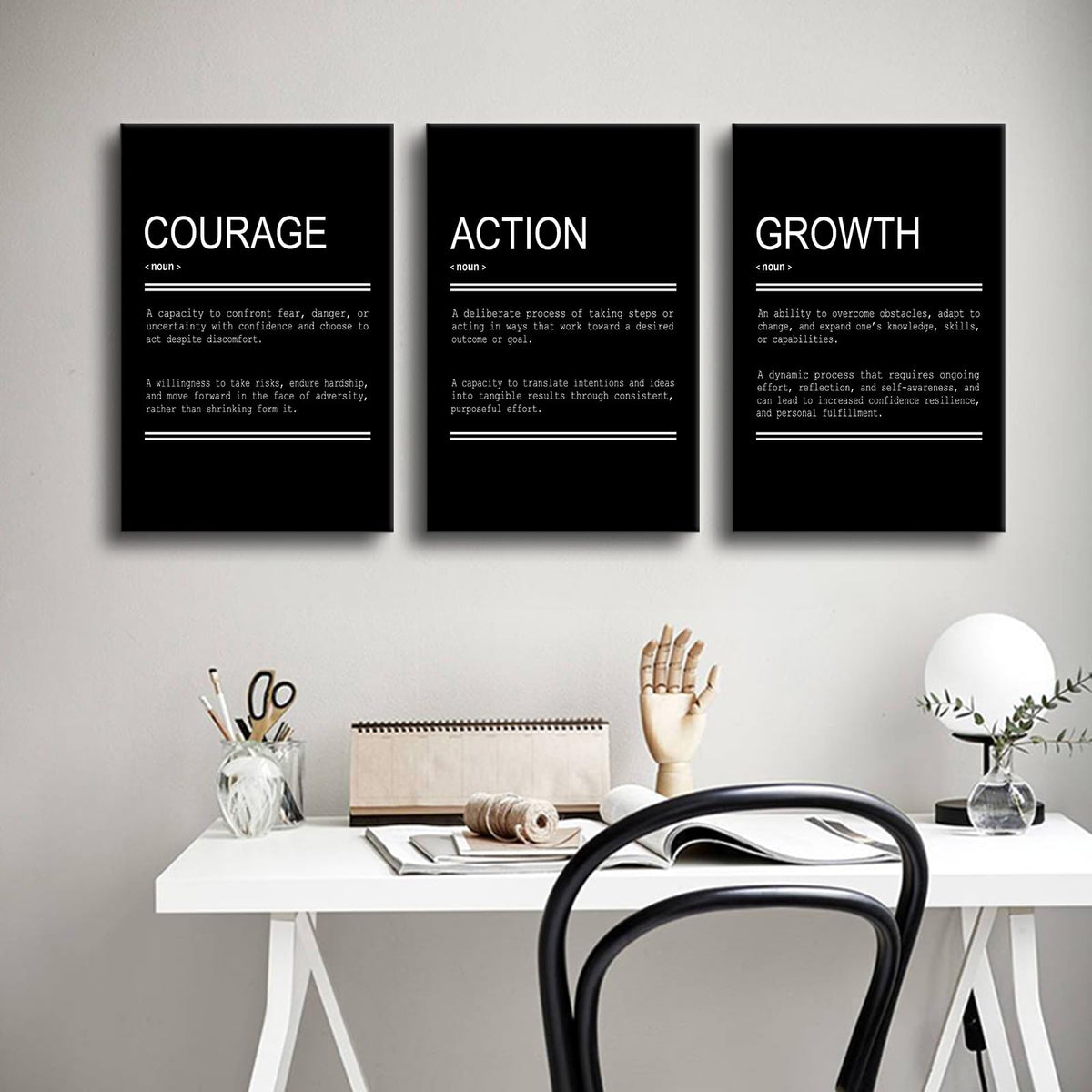 YSPCSUN Triptych Wall Decor Inspirational Posters for Office, Black White Courage Action Growth Quote 3 Panel Canvas Prints for Home Office Dorm Classroom, 48x24 Inch Display