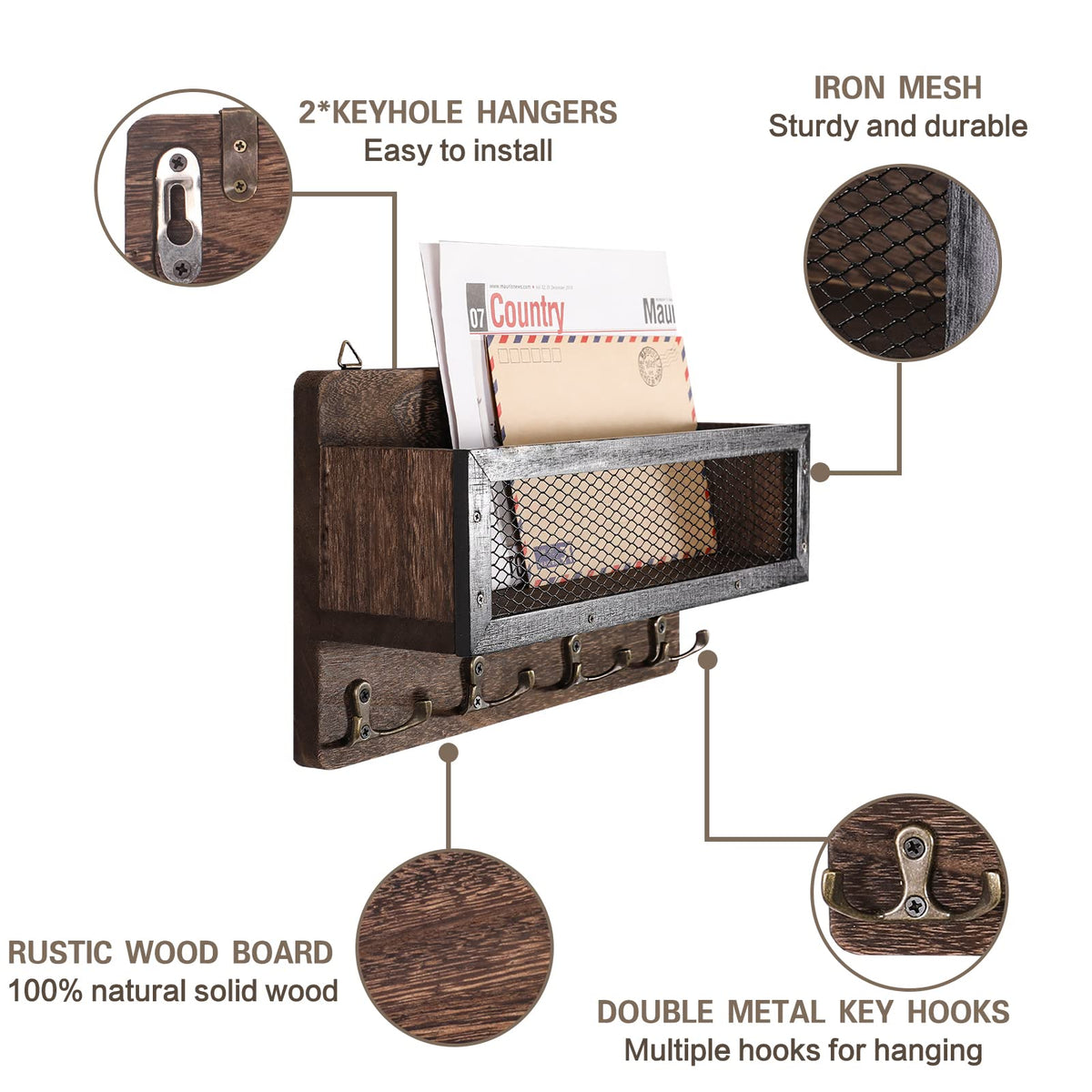 ADIIL Mail and Key Holder for Wall Decorative, Wooden Wall Mount Key Rack Hanger Organizer with 4 Double Key Hooks, Rustic Home Decor for Entryway Hallway, Brown