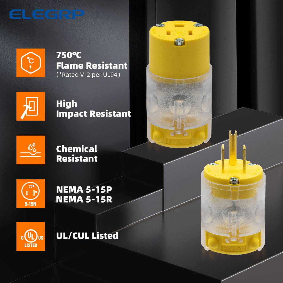 ELEGRP Lighted Straight Blade Electrical Plug and Connector Set 15 Amp 125 Volt NEMA 5-15P NEMA 5-15R 2 Pole 3 Wire Grounding, Commercial Grade, Yellow, 5 Set