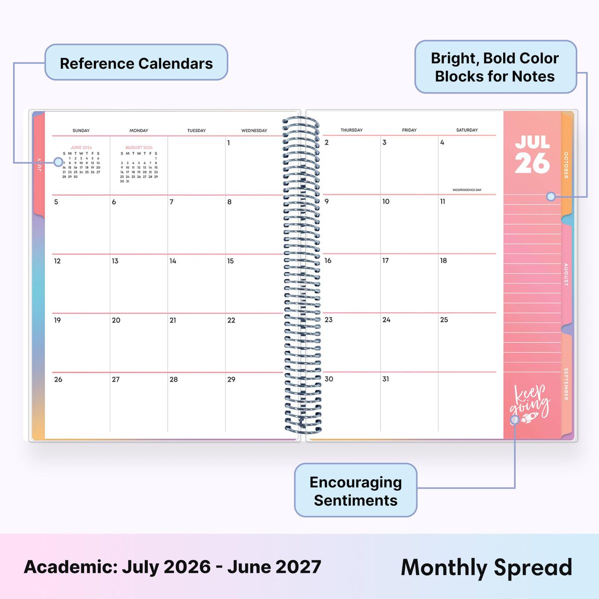 Blue Sky Teachwell 2026-2027 Weekly and Monthly Academic Year Teacher Lesson Planner Calendar, July 2026 - June 2027, 8.5" x 11", Flexible Cover, Heavy Duty Coil Binding, Colorful Interior, Laminated Tabs, Storage Pocket, Includes Stickers, Mikki