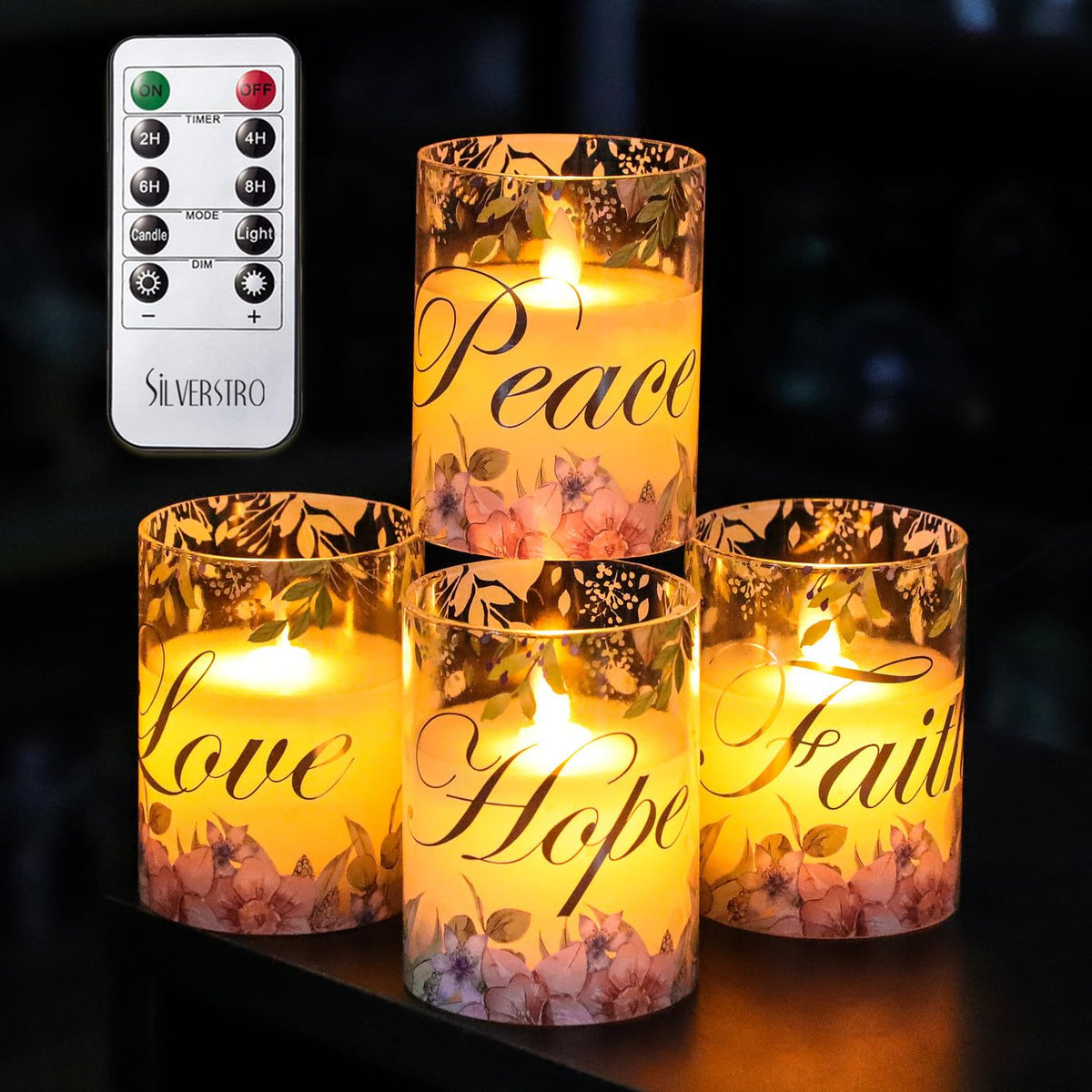 Silverstro Christmas Flameless Candles Glass Flickering Real Wax Floral LED Candles with Remote - Home Party Room Botanical Holiday Decor Set of 4