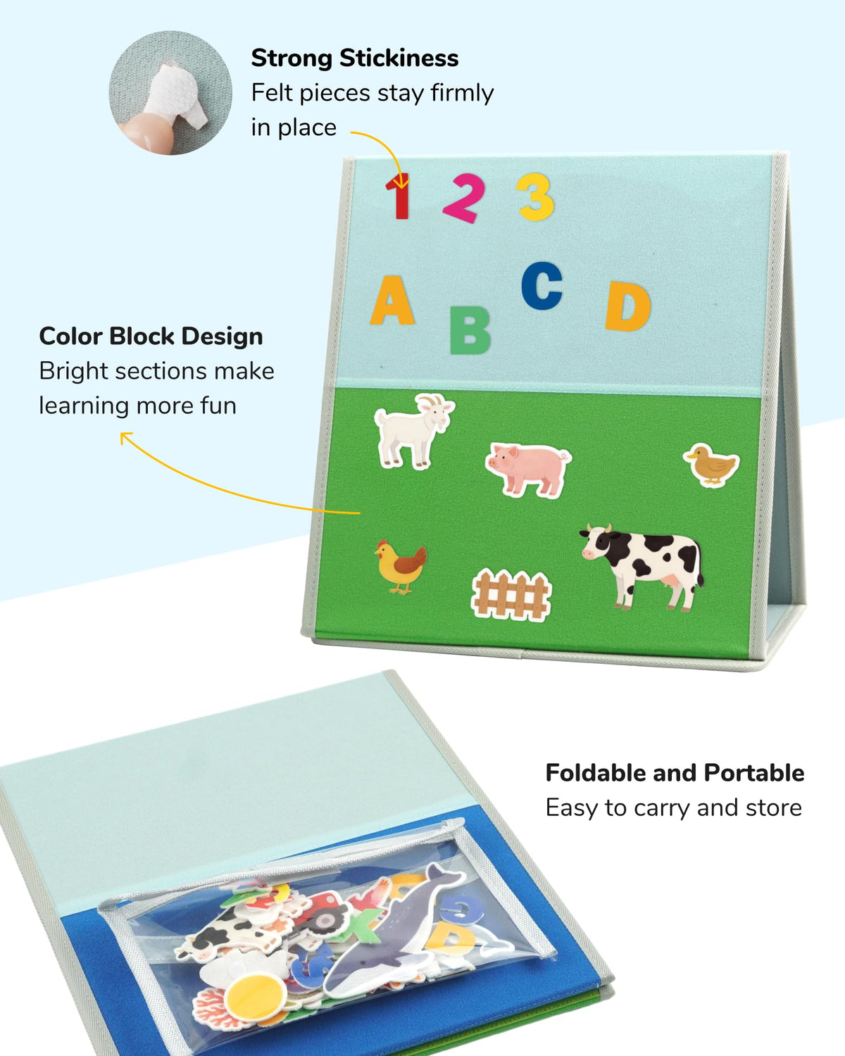 CHEFAN Felt Board for Toddlers, 29.5 x 12.2 Inches Freestanding Foldable Flannel Board, Preschool Learning & Storytelling Toy with Felt Pieces & Storage Bag