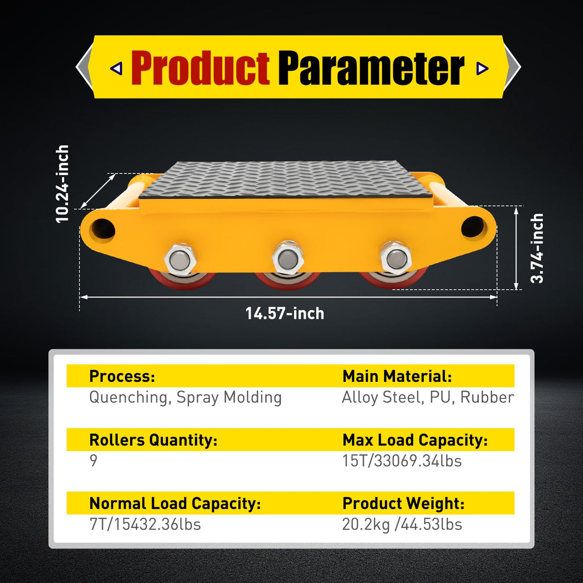 Machinery Skates, 33069.34lbs Max Capacity Industrial Machinery Mover with 9 Rollers, Heavy Duty Machine Dolly Skate for Industrial Moving Equipment, Yellow, 1pc