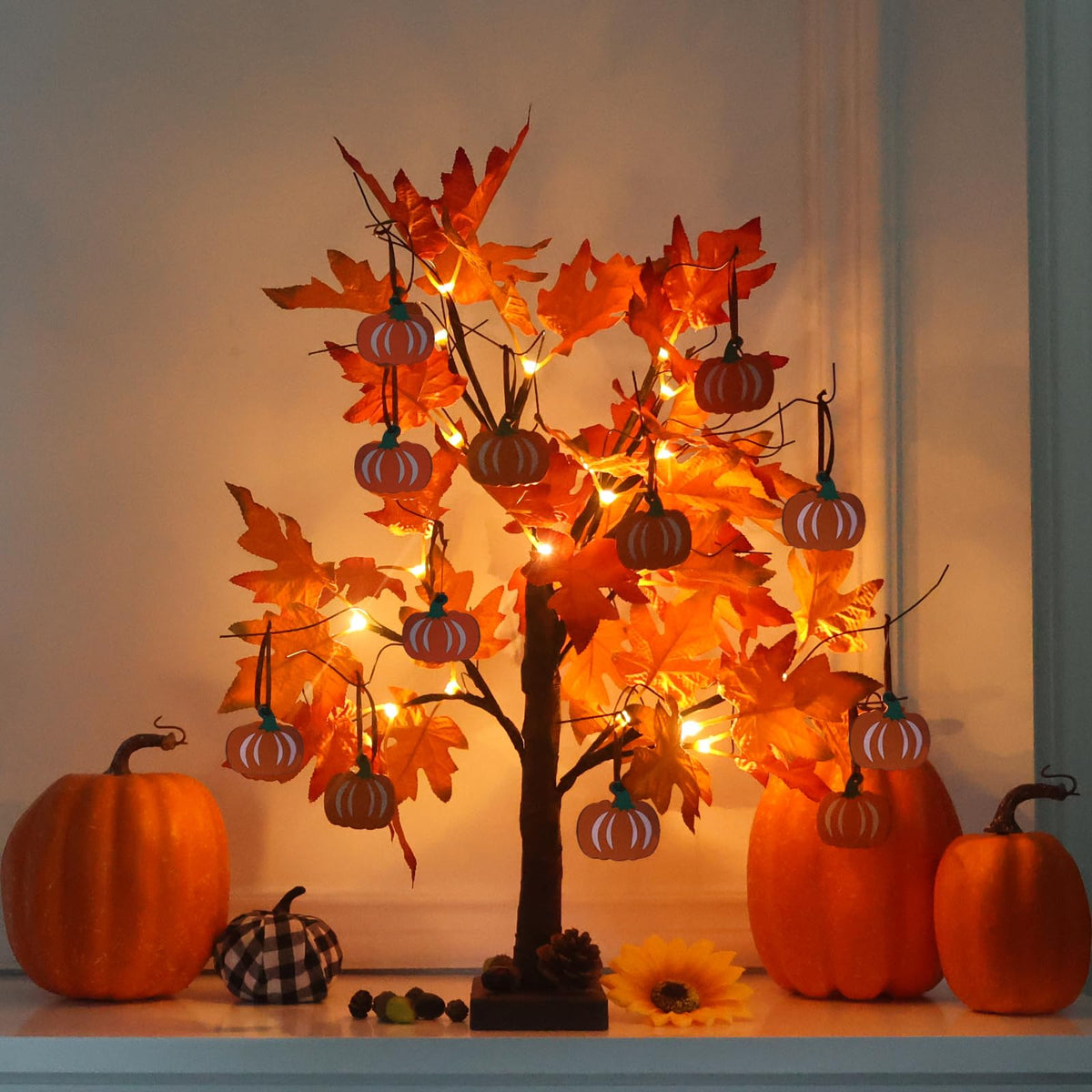 hogardeck Fall Decorations for Home, Thanksgiving Decorations, 24”2FT Lighted Maple Leaves Tree with 24 LEDs & 12 Wood Pumpkin Ornaments, Battery Powered Timer Artificial Trees for Autumn Table Decor