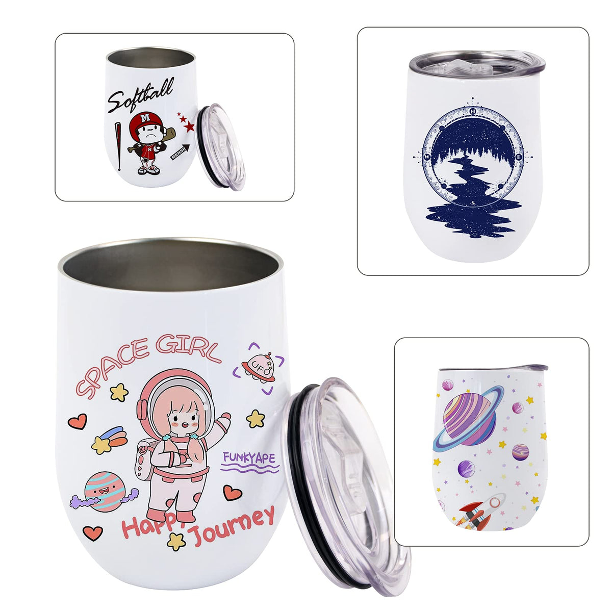 MAIKESUB Sublimation Blank Wine Tumbler Cups White 12 OZ Stainless Steel Insulated Stemless Tumbler Sublimation Mugs Cups 4 Pack Tumbler with Lid Keeping Cold Hot for Coffee Spill Proof cup
