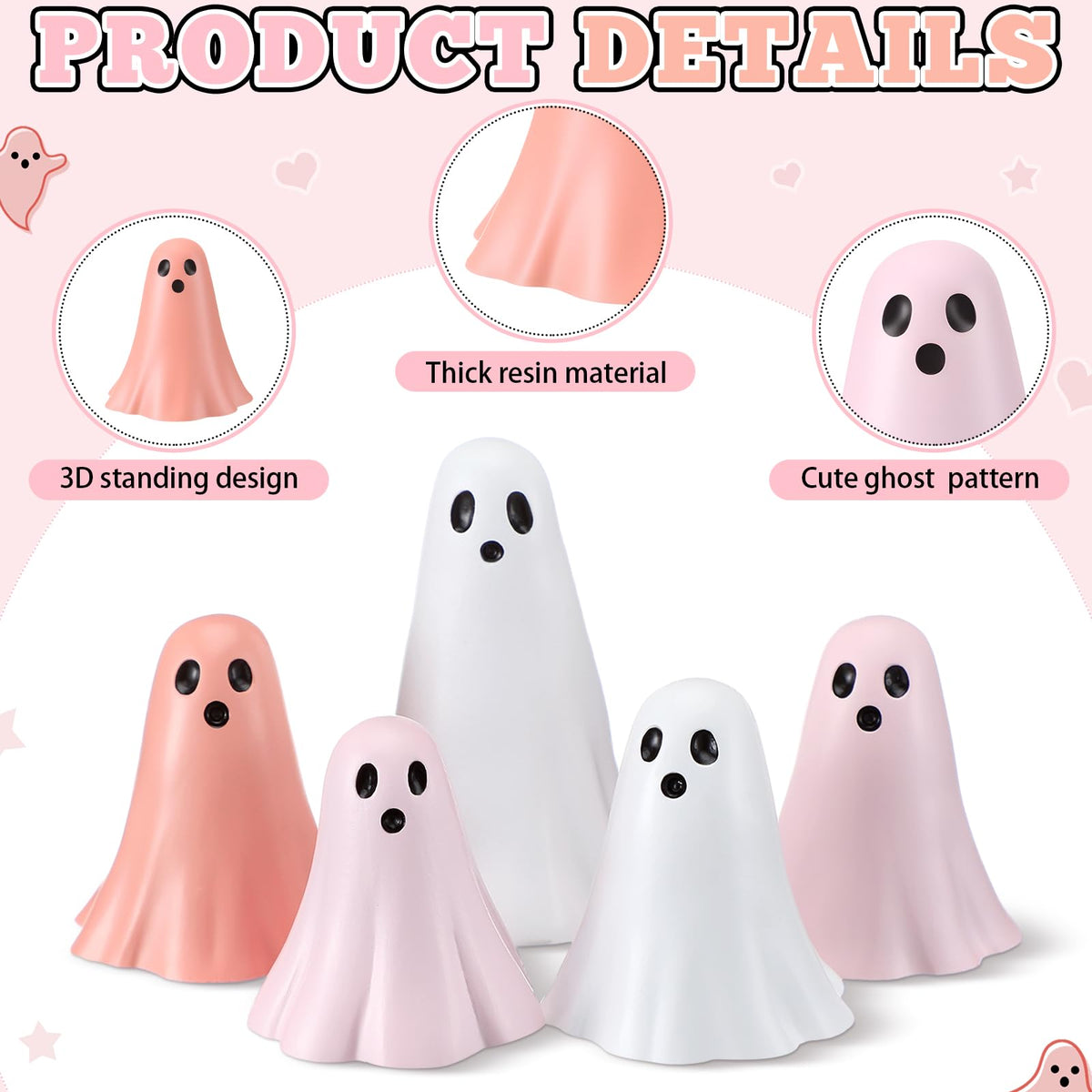 Amyhill 5 Pcs Halloween Ghost Figurine Resin Ghost Sculpture Statue Cute Halloween Decorations Spooky Tiered Tray Decor for Indoor Home Table Centerpieces Party Kitchen Tabletop Shelf (Cute,Pink)