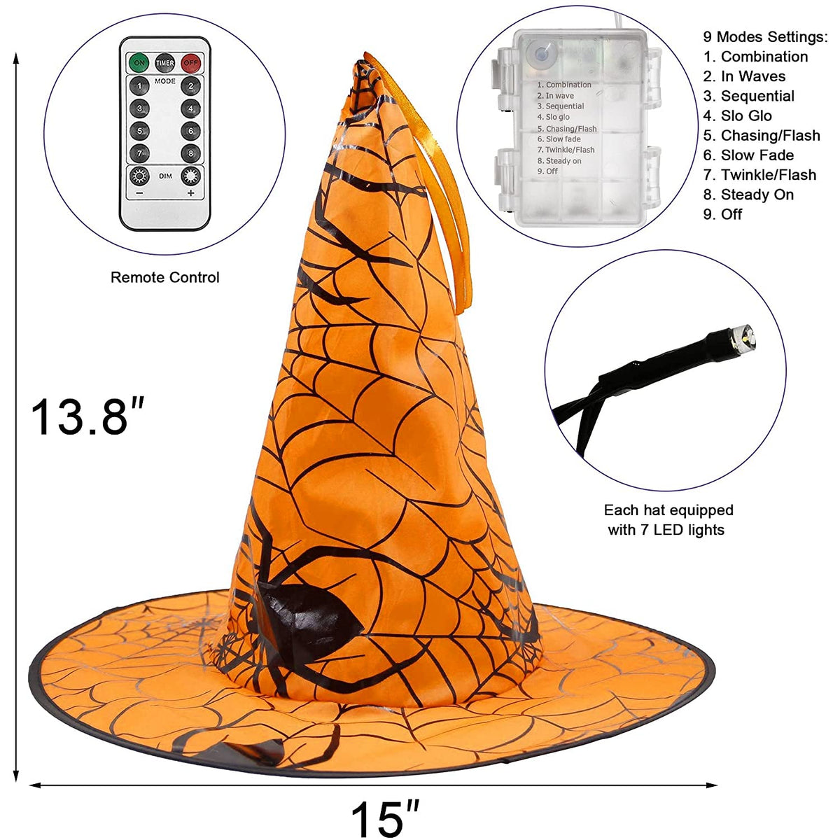 Dazzle Bright 8 Pcs Hanging Witch Hat String Lights, Light Up Waterproof Halloween Decorations with Remote Control for Outdoor Garden Party Carnival Supplies Decor