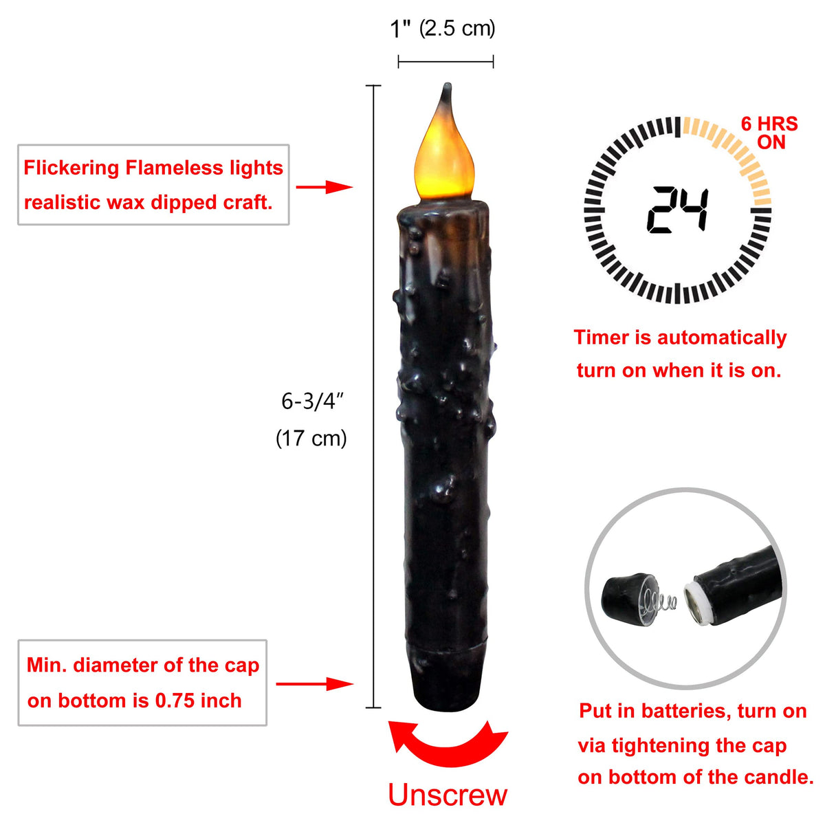 CVHOMEDECO. Real Wax Hand Dipped Battery Operated LED Timer Taper Candles Country Primitive Flameless Lights Décor, 6-3/4 Inch, Matt Black, 3 PCS in a Package