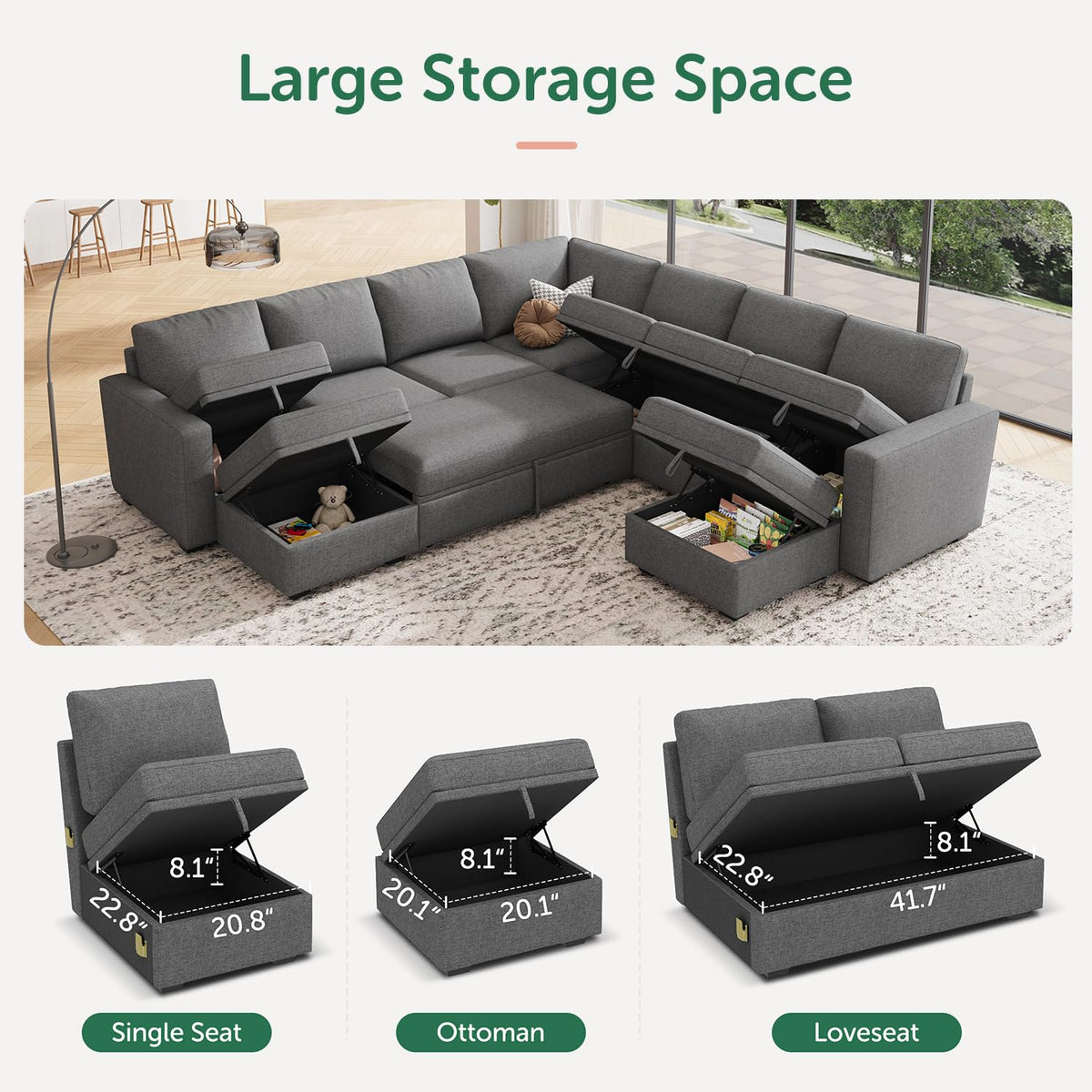 HONBAY Modular Sectional Sleeper Sofa with Pull Out Couch, Oversized U Shaped Sleeper Pull Out Bed with Storage Sectional Couches for Living Room - Dark Grey