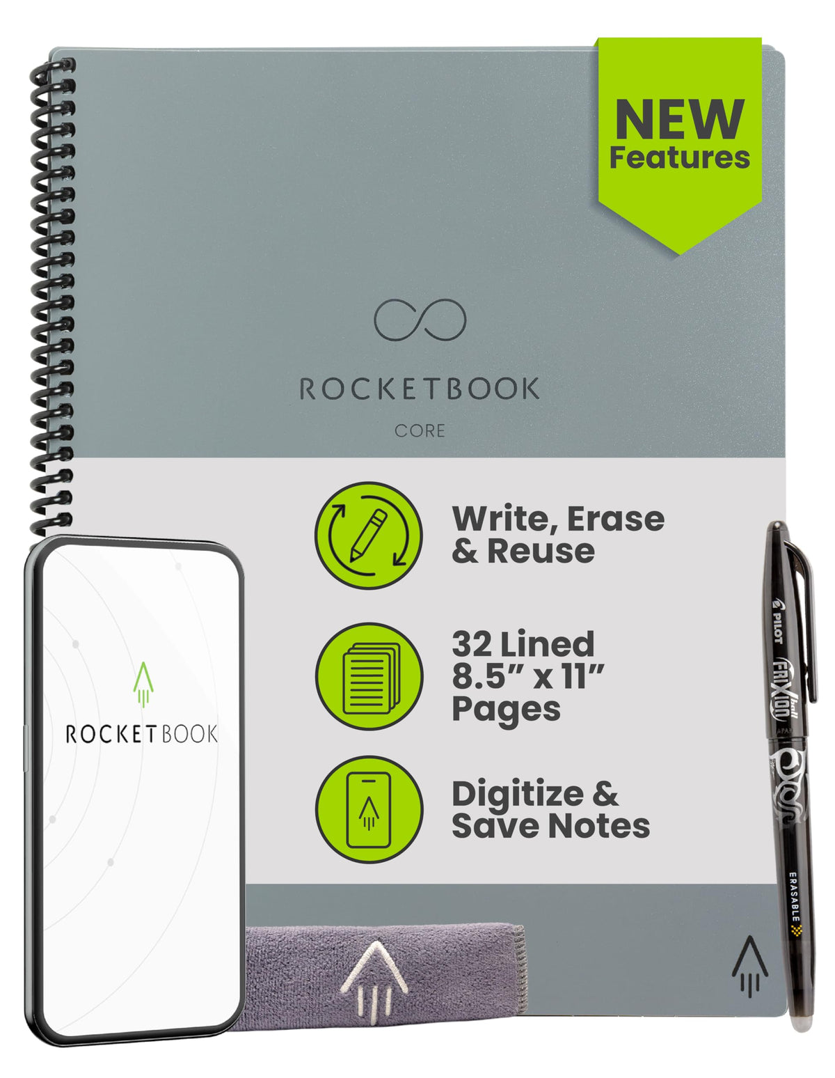 Rocketbook Core Reusable Smart Notebook, Lined Pages For School, Work and Creative Projects, Letter Size 8.5x11, Gray - Premium