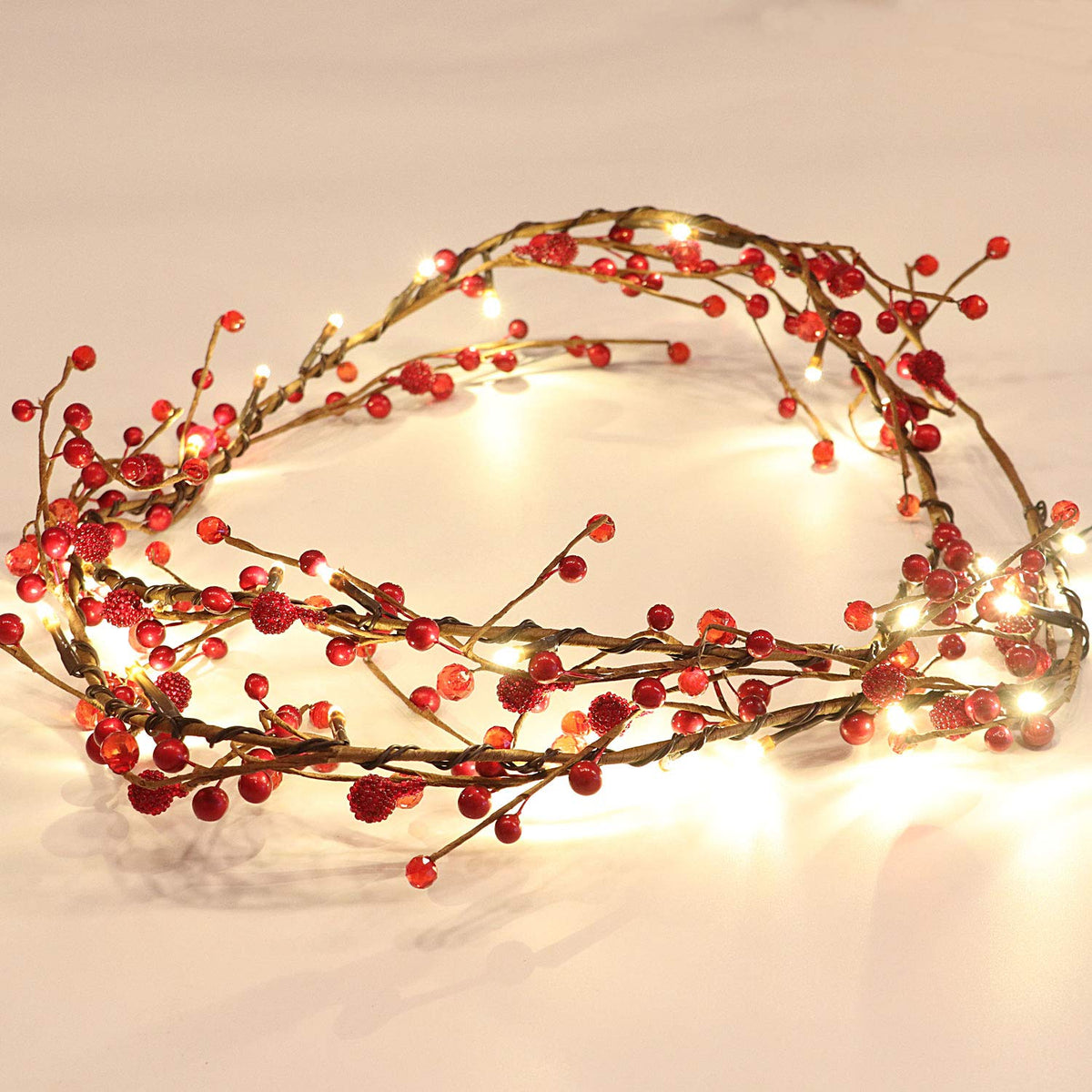 Rhytsing Red Berry Branch Pre-lit Garland with 30LED Lights, Battery Operated Fairy String Lights with Timer Function for Christmas Mantle Decoration Indoor Use - 5.9FT