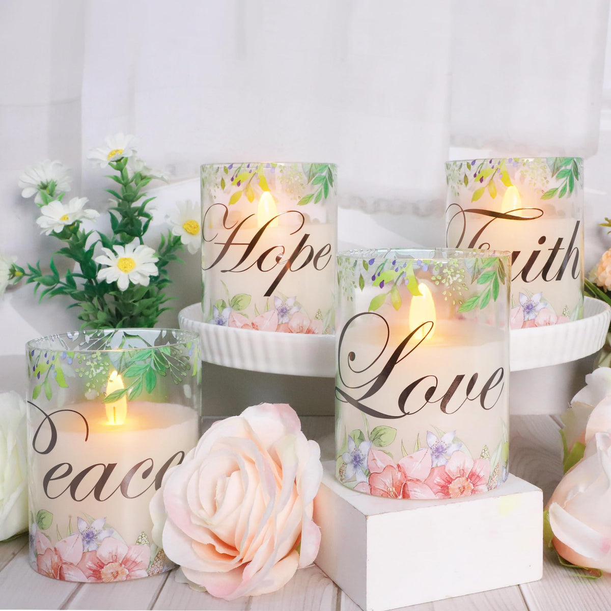 Silverstro Christmas Flameless Candles Glass Flickering Real Wax Floral LED Candles with Remote - Home Party Room Botanical Holiday Decor Set of 4