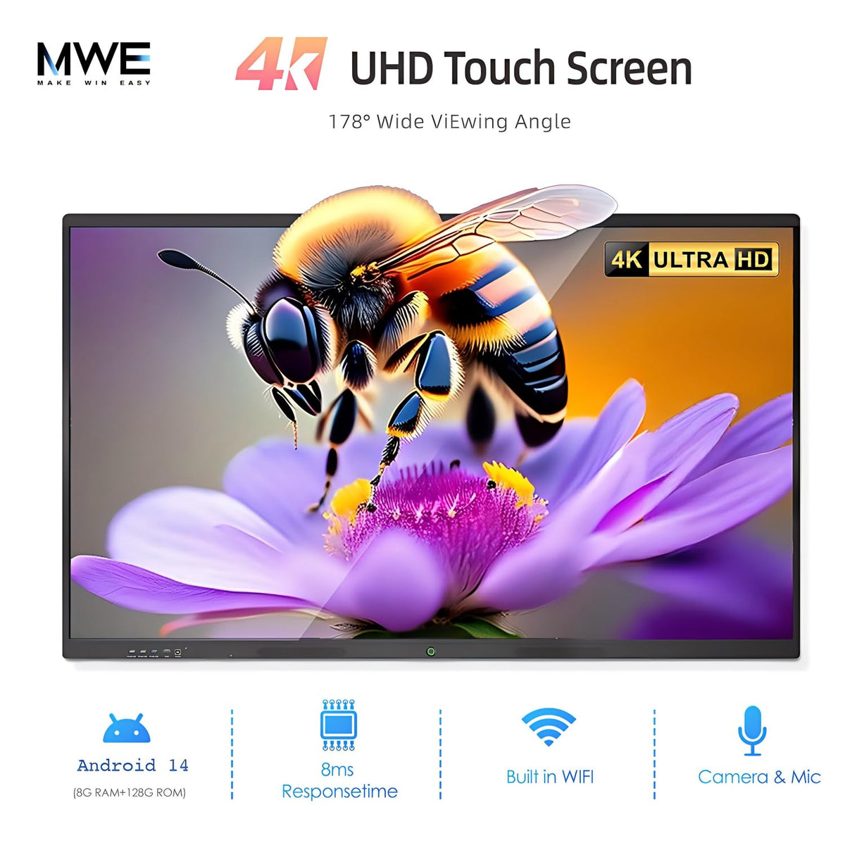 QIXZOCV 55" Smart Board, Interactive Whiteboard, 4K UHD Touch Screen, Android 14, 8+128G, All in One Smartboard for Classroom Office Home (Wall Mount Included)