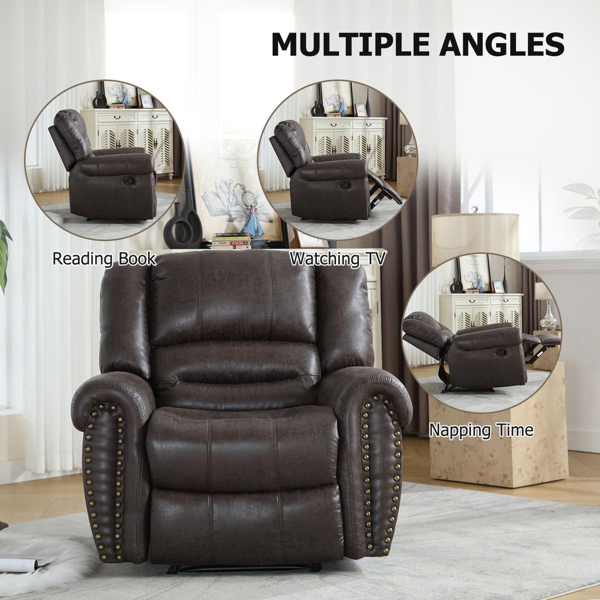 CANMOV Leather Recliner Chair, Classic and Traditional Manual Recliner Chair with Comfortable Arms and Back Single Sofa for Living Room, Dark Grey