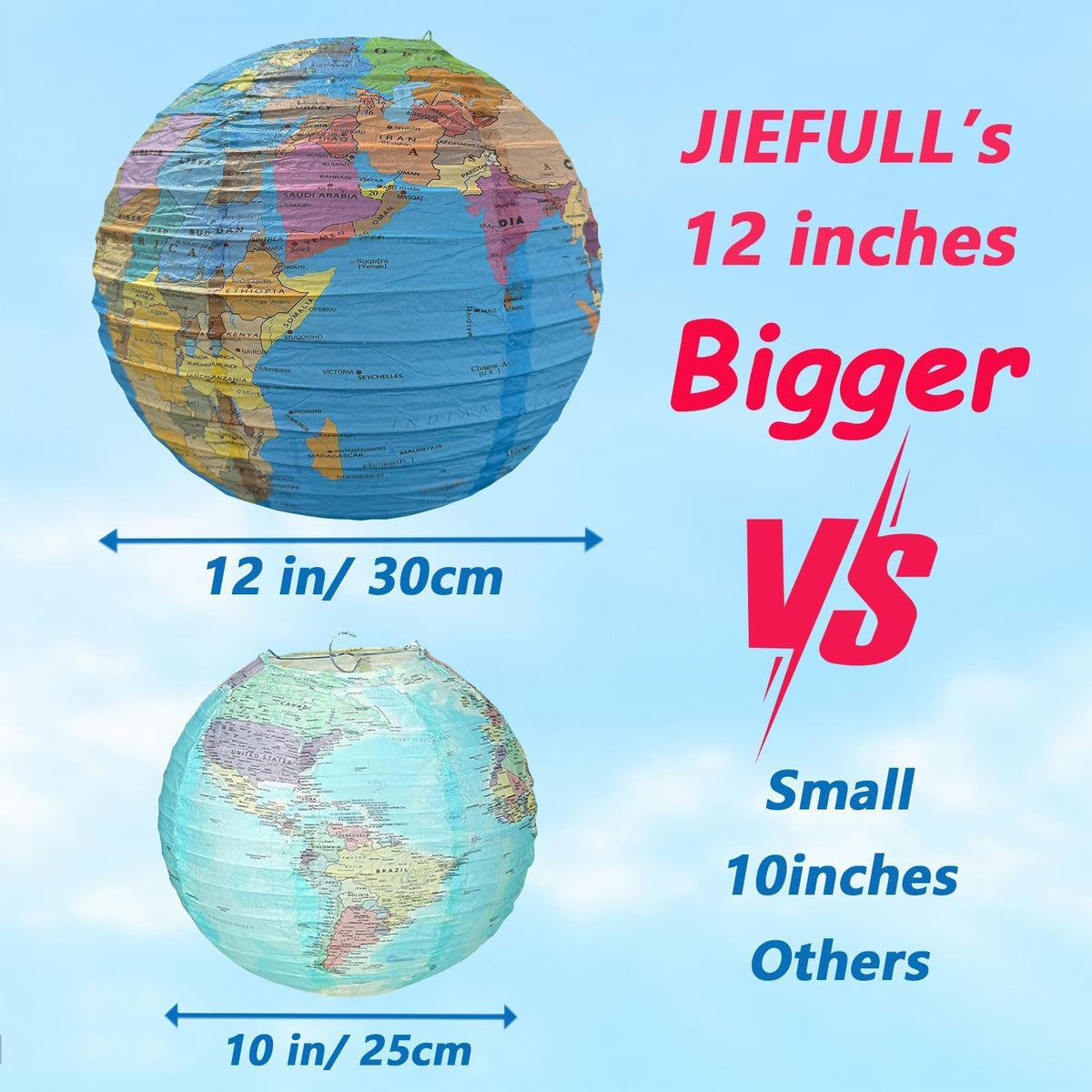 JIEFULL 16 Pcs 12 Inch Globe Paper Lanterns for Ceiling Hanging, Large Earth Lantern Around The World Map Decorations