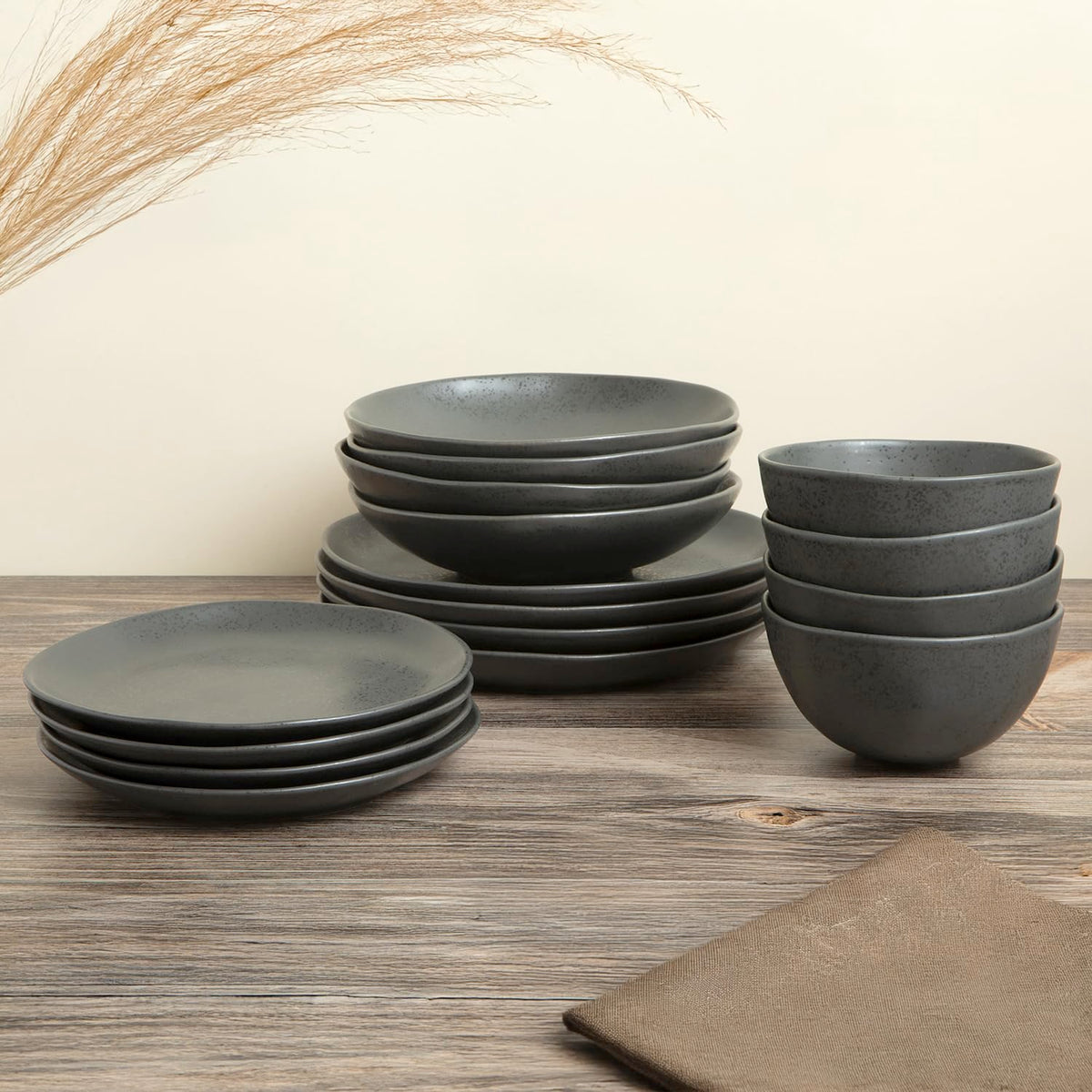 Trasa Home by Larder & Vine, Eco-Friendly High Fired Artisan Stoneware, Organic & Modern Dinnerware, 16 piece set, 4 place settings (Charcoal)
