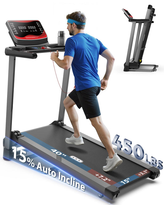 CIIHI Treadmill with Auto Incline - 450 LBS Capacity 15% Auto Incline Treadmill for Home, 0.5-10 MPH Foldable Running Machine with 47.2”x18.1” Belt, APP, Speaker, Speed & Incline Quick Button