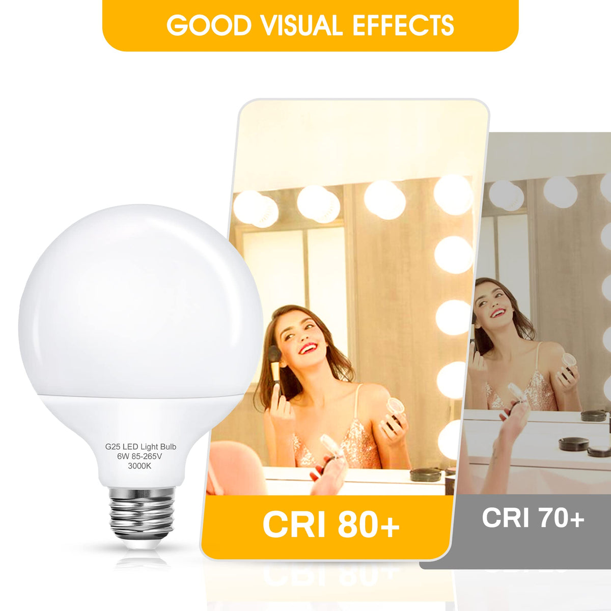 G25 LED Vanity Globe Light Bulb, 60W Equivalent Incandescent Bulbs for Vanity Bathroom Mirror Light Bulb, 3000K Soft White E26 Base Makeup Mirror Lights, Not-Dimmable Christmas Decor Lighting, 4 Pack