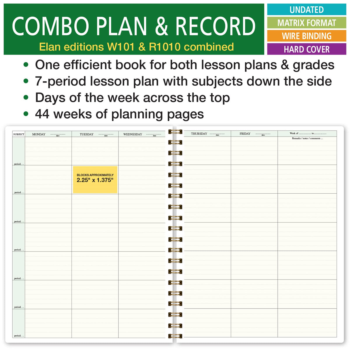 Elan Publishing Company HARDCOVER Combination Plan and Record Book: One efficient 8.5" x 11" Book for Lesson Plans and Grades Combines W101 and R1010 with Bonus Clip-in Bookmark (Rainbow Gold Marble)