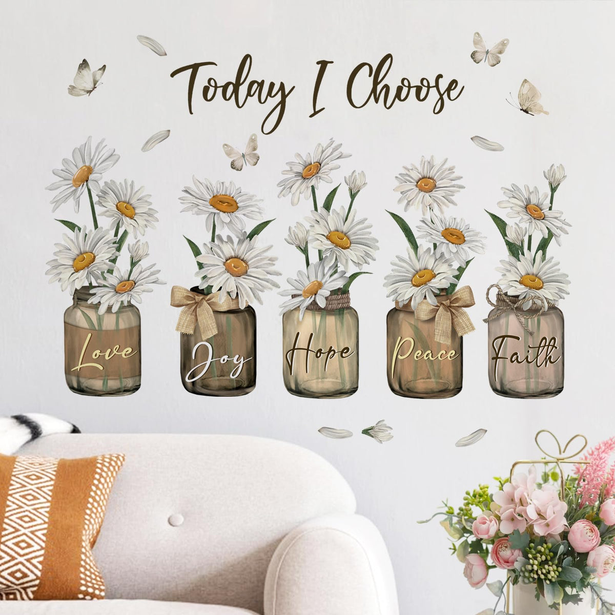 Yovkky Inspirational Quote Daisy Flower Wall Decals Stickers, Positive Today I Choose Love Joy Hope Peace Faith Home Bedroom Decor, Floral Mason Jar Butterfly Living Room Kitchen Decorations Art