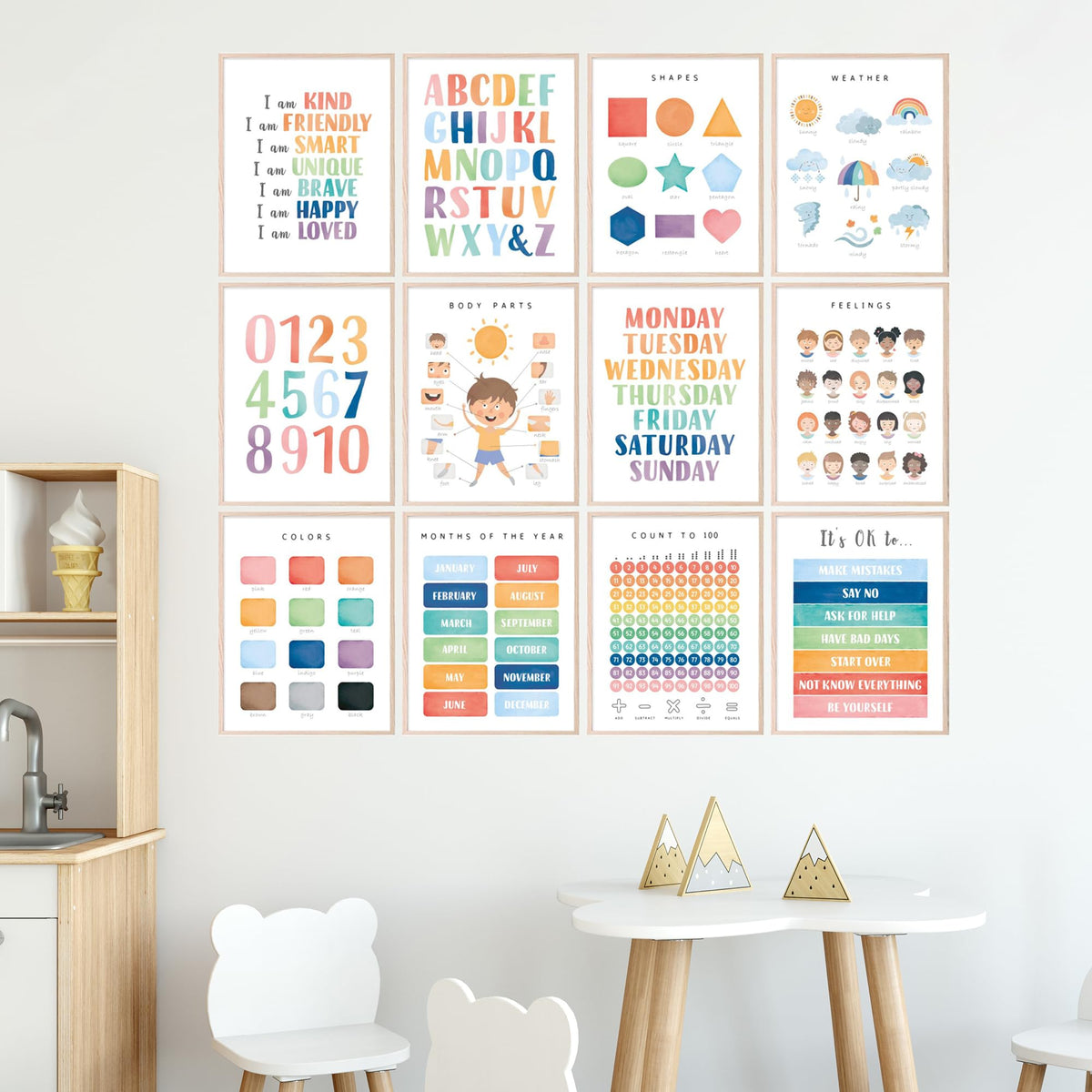 BigWig Prints Educational Posters for Toddlers - Learning Posters for Toddlers 1-3, Montessori Room Essentials, Montessori Wall Decor, Learning Signs for Wall, Preschool - Unframed Set of 12 (8x10)