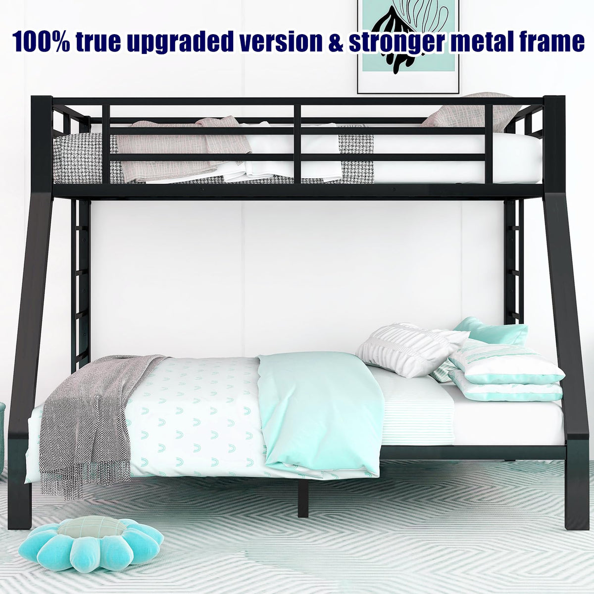 AOOMEEC Higher Quality & Stronger Metal Bunk Bed Twin XL Over Queen Size Bunkbed, Thickened Heavy Duty More Stable Safer Black Steel Bunk Queen Bed Frame (Easier to Assemble) (Twin XL Over Queen)