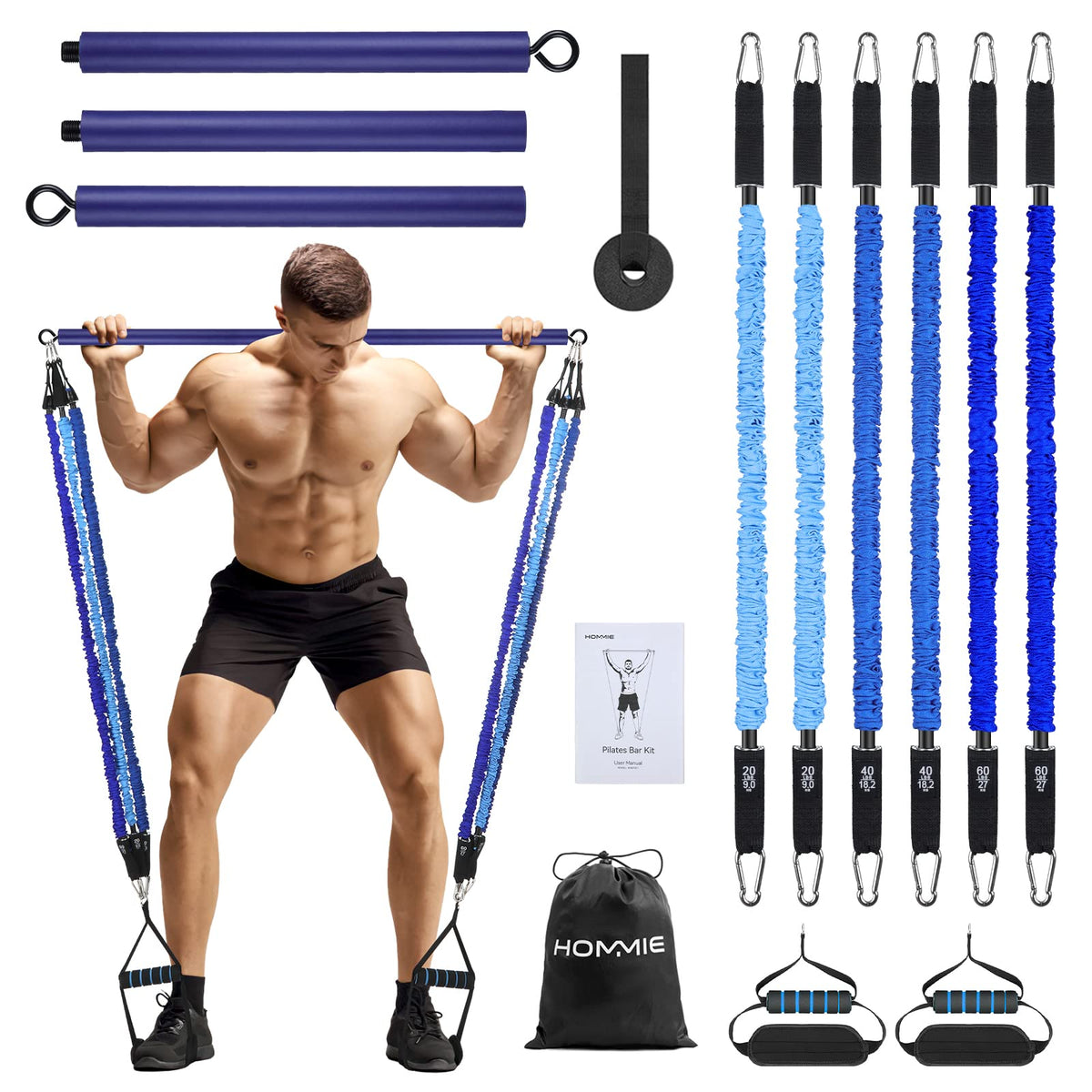 Hommie Portable Pilates Bar Kit with Resistance Bands for Men and Women，Upgraded 3 Section Pilates Bar with Resistance Bands (20/40/60lb) for Home Gym Equipment Supports Full-Body Workouts