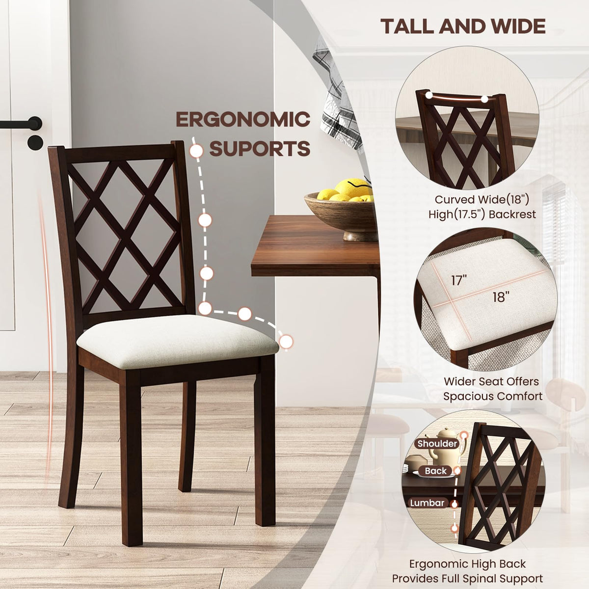NAFORT Wooden Dining Chairs Set of 6, High Back Kitchen Chairs, Vintage Dining Room Chairs with Cushioned Seat, Solid Rubber Wood Legs, Max Load 400 Lbs, for Kitchen, Dining Room, Cafe, Restaurant