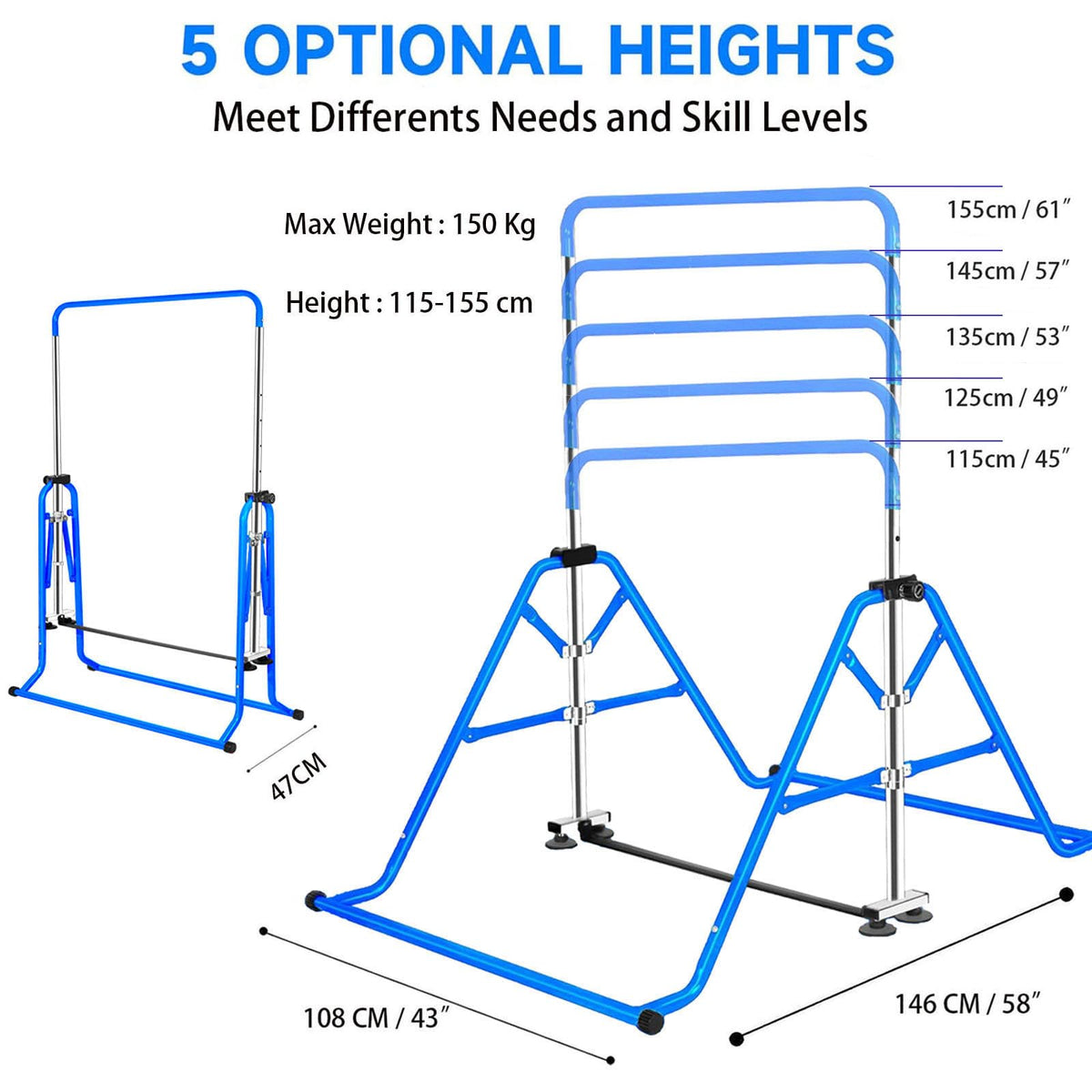FCOUMY Gymnastics Horizontal Bar, Junior Training Kip Bar Gymnastics Equipment for Home, Adjustable Telescopic Height Folding Horizontal Bar with Gymnastic Rings for 3-12 Years Old Kids