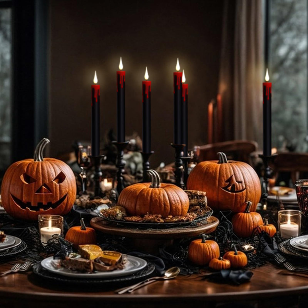 GenSwin Halloween Black Taper Flameless Candles Battery Operated with Remote Timer, 4 Pcs Drip Wax Flameless LED Candle Sticks with 3D Flickering Flame for Window Fireplace Decor (0.78 x 8.9 inches)