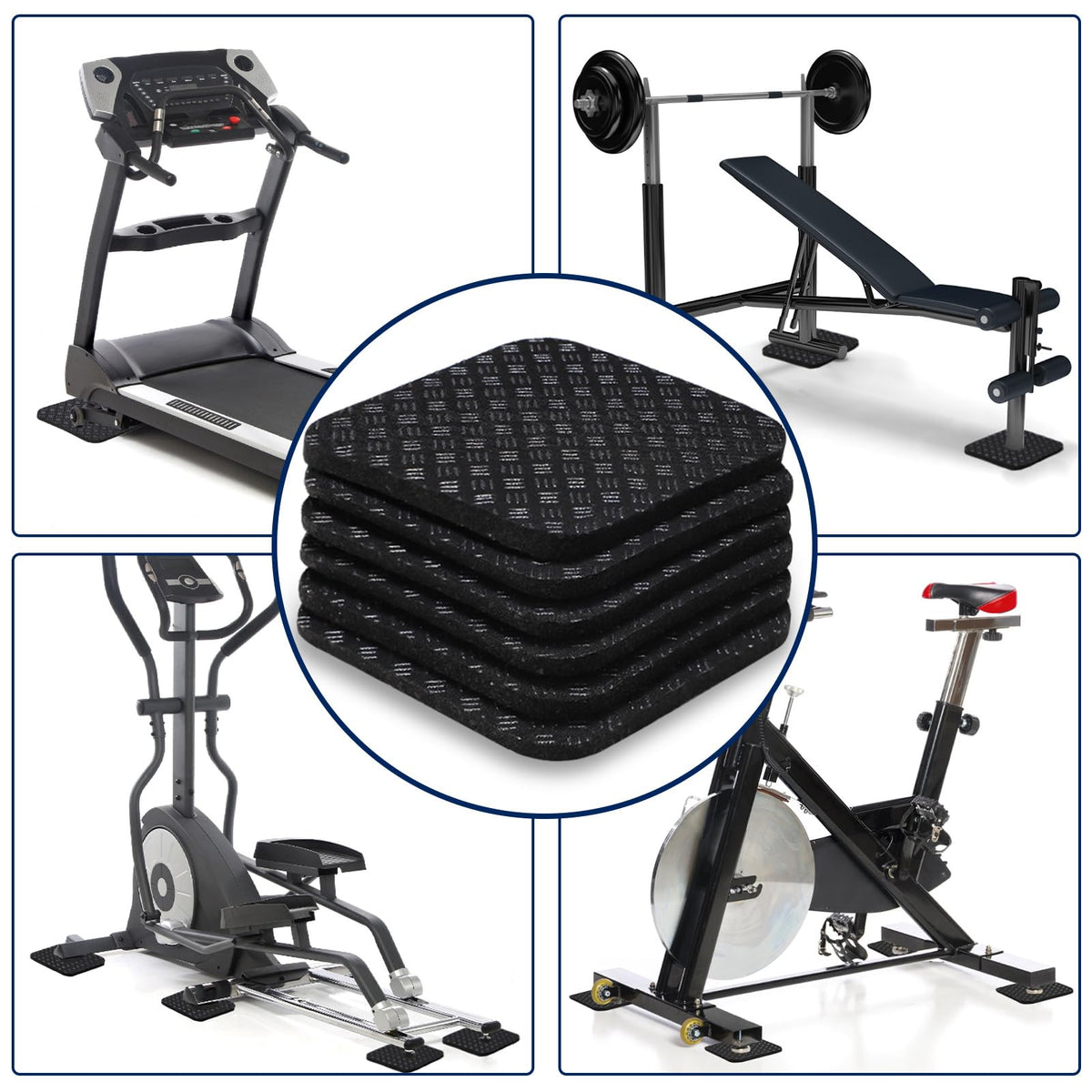 TOBWOLF 6PCS Treadmill Mat Pads, 4" x 4" x 0.2" Double-Sided Non-Slip Exercise Equipment Mat for Floor Protection, High Density Silicone Anti Vibration Pad for Treadmill, Walking Pad, Exercise Bike