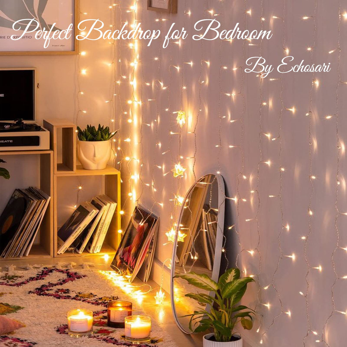 echosari 300 LED Curtain Lights Battery Operated, 9.8ft×9.8ft Hanging Light with Remote Timer Fairy Curtain Lights for Bedroom Patio Wedding Backdrop Party Decór (Warm White)