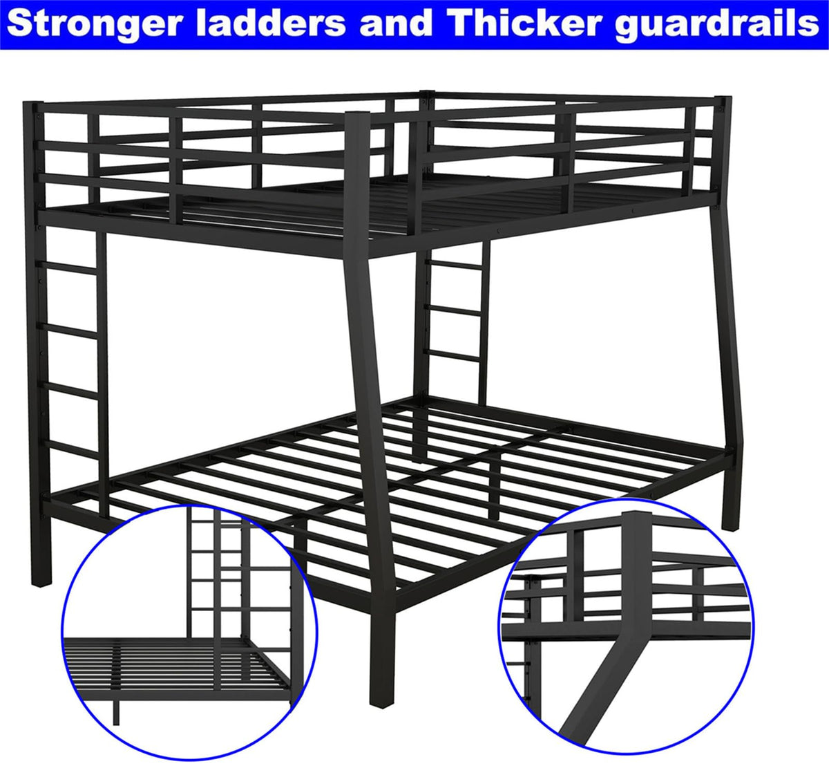 LEEKOUS Upgraded Version Heavy Duty Metal Full XL Over Queen Bunk Bed, Thicken Stronger Steel Full Over Queen Bunk Bed, Queen Size Bunkbed Frame for Adults, Easy Assembly, Black (Full XL Over Queen)
