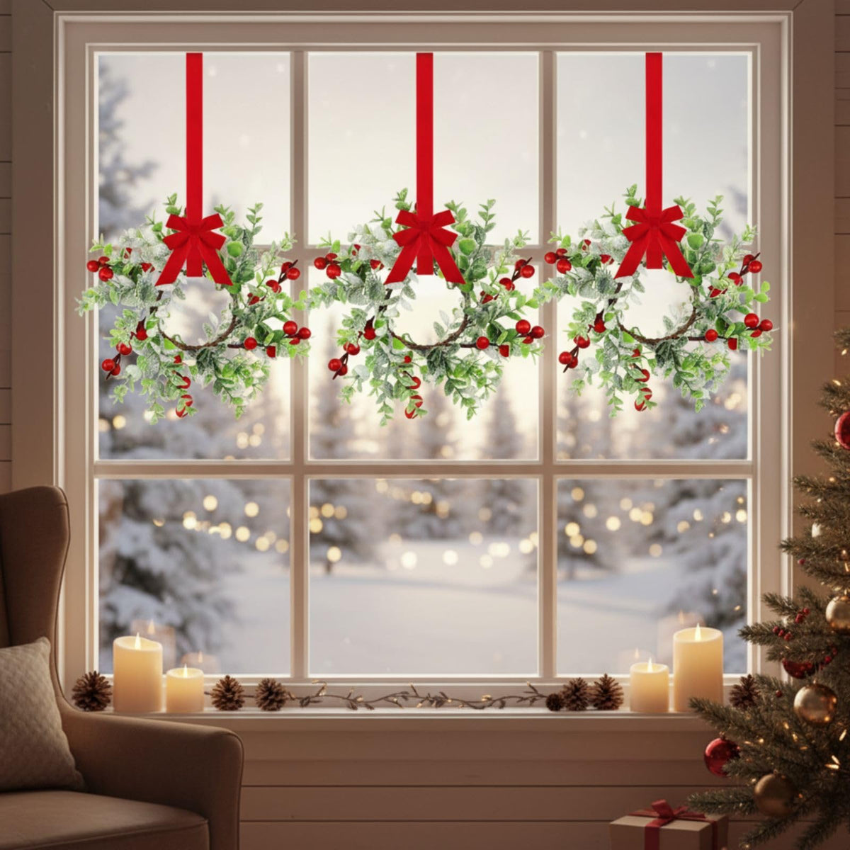 WILLBOND 4 Pieces 9.5" Mini Christmas Wreaths for Kitchen Cabinet Small Christmas Candle Rings Red Berries Wreath Pillar Candle Rings Xmas Hanging Garlands for Front Door Fireplace Window Decor