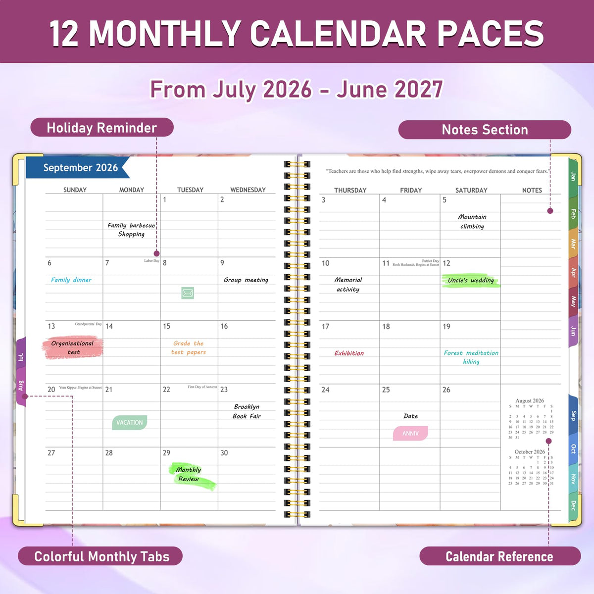 Teacher Planner 2026-2027, Jul 2026-Jun 2027 Academic Year, 8.5" x 11" Lesson Planner Book for Teacher Calendar, Spiral Bound Planners, Planning Stickers, Colorful Monthly Tabs, Flower
