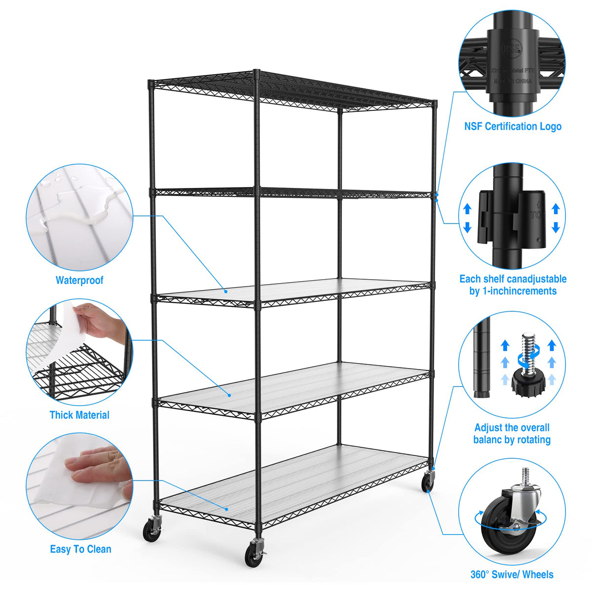 Metal Shelf Wire Shelving Unit, 5 Tier 7500lbs Capacity NSF Heavy Duty Adjustable Storage Rack with Wheels & Shelf Liners for Commercial Grade Utility Steel Storage Rack,82"H x 60"L x 24"D-Black