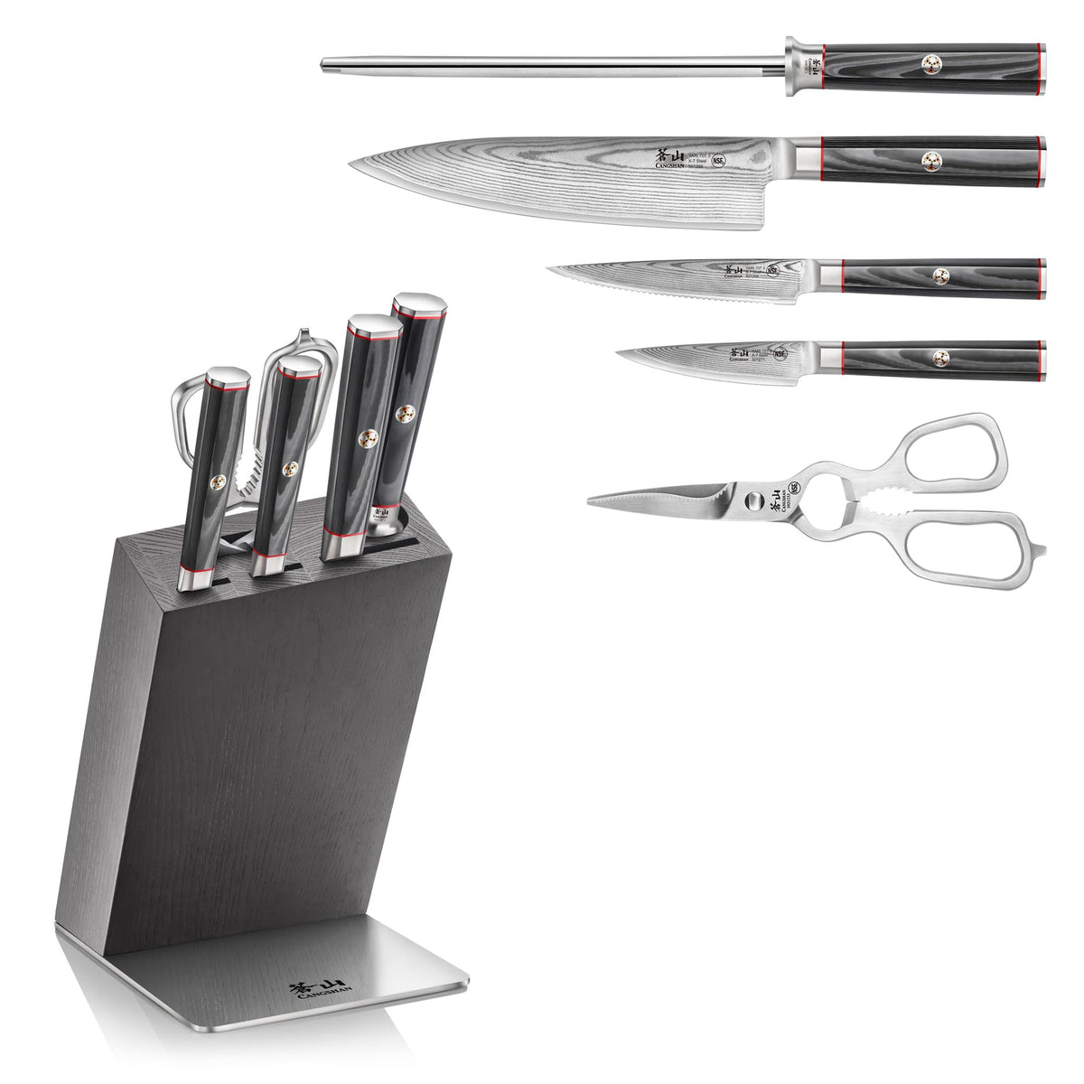 Cangshan YARI Series HUA Knife Block Set, X-7 Damascus Steel, Ash Wood Block (6-Piece)