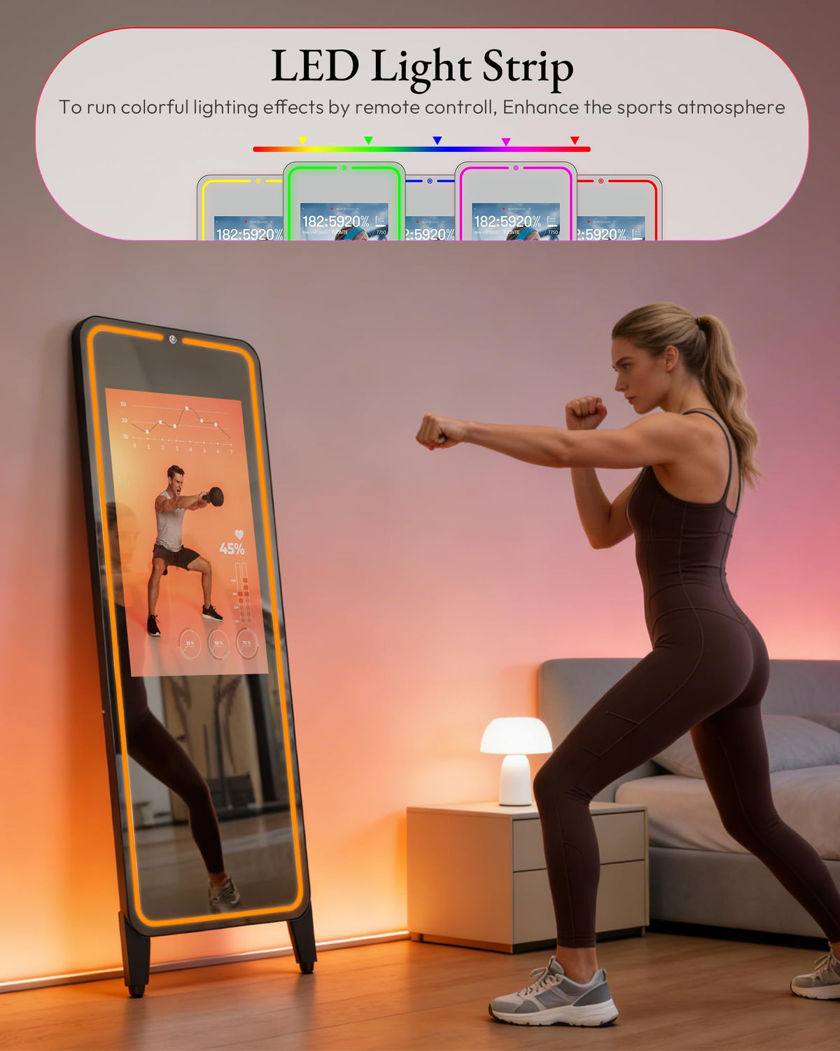 HARZHI 32 Inch Smart Gym Mirror, HD Touch Screen, Android OS, No VIP Fees, Voice Control, Music Sync LED Light Strip, Perfect for Home Gym/Yoga