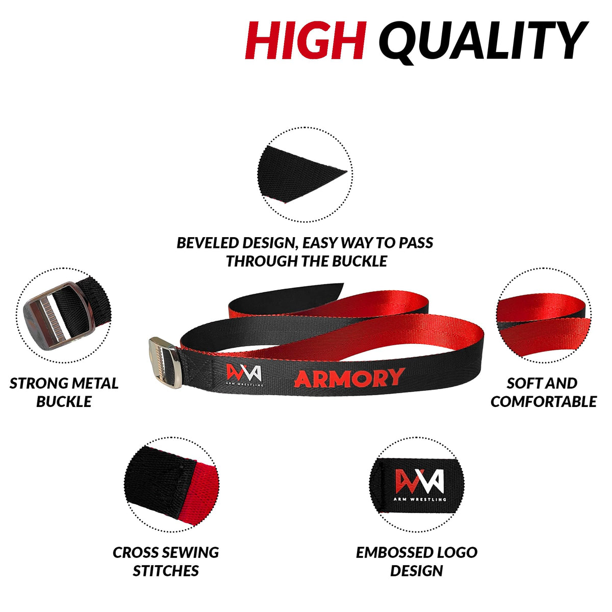 Arm Wrestling Strap Armory | Dual Color for Fair Setup | 45 Inch Long Metal Buckle | Smooth Rock Climbing Premium Grade Nylon | Pronation Supination Hand Forearm Grip Strengthener Belt | Black and Red (1 inch + 1.5 inch)