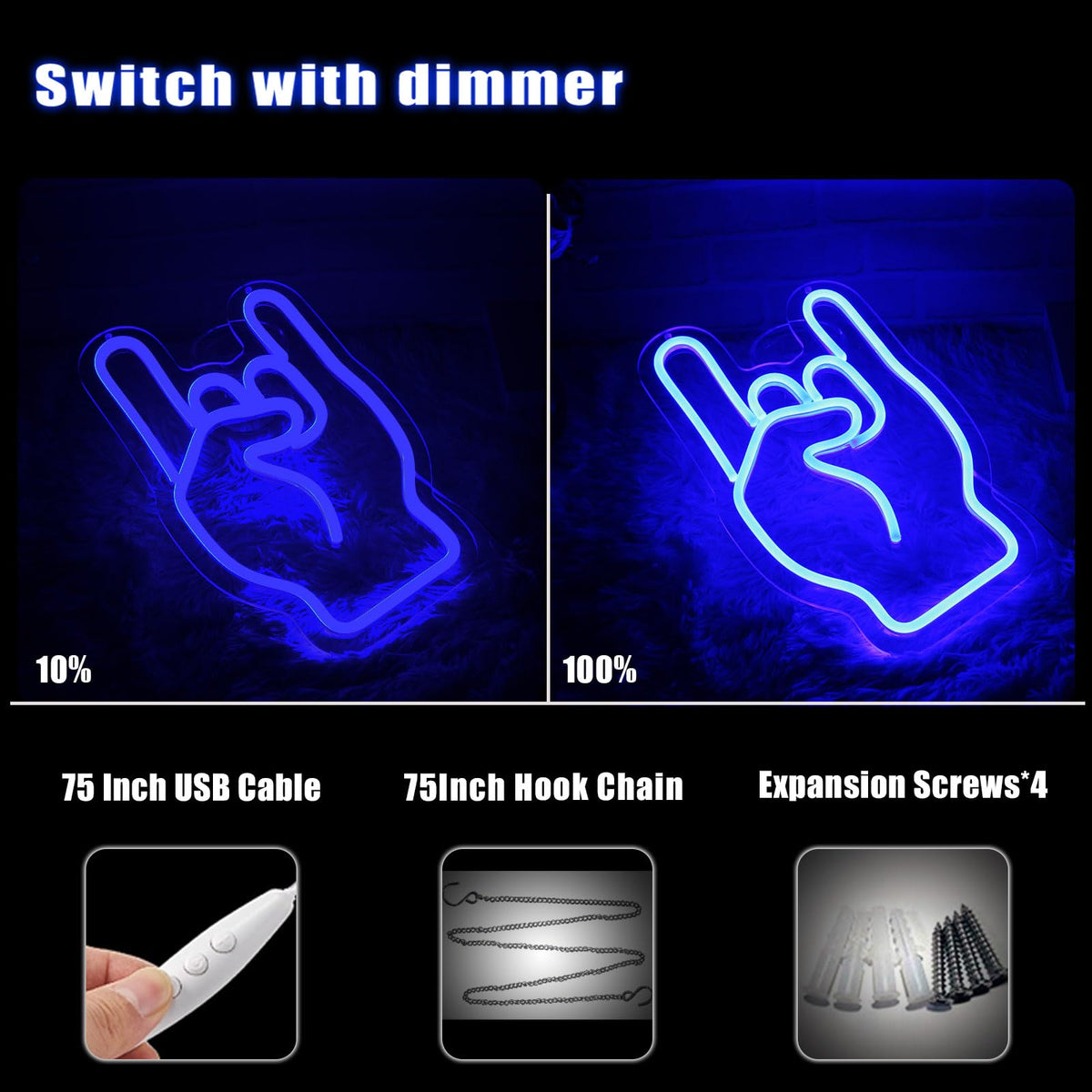 Rock on hand Neon Sign Rockin Hand Neon Light LED Neon Sign for Wall Décor Dimmable Rock and Roll LED Neon Light for Bar Restaurant Music Concert Man Cave Wall Art 14"×8.4"