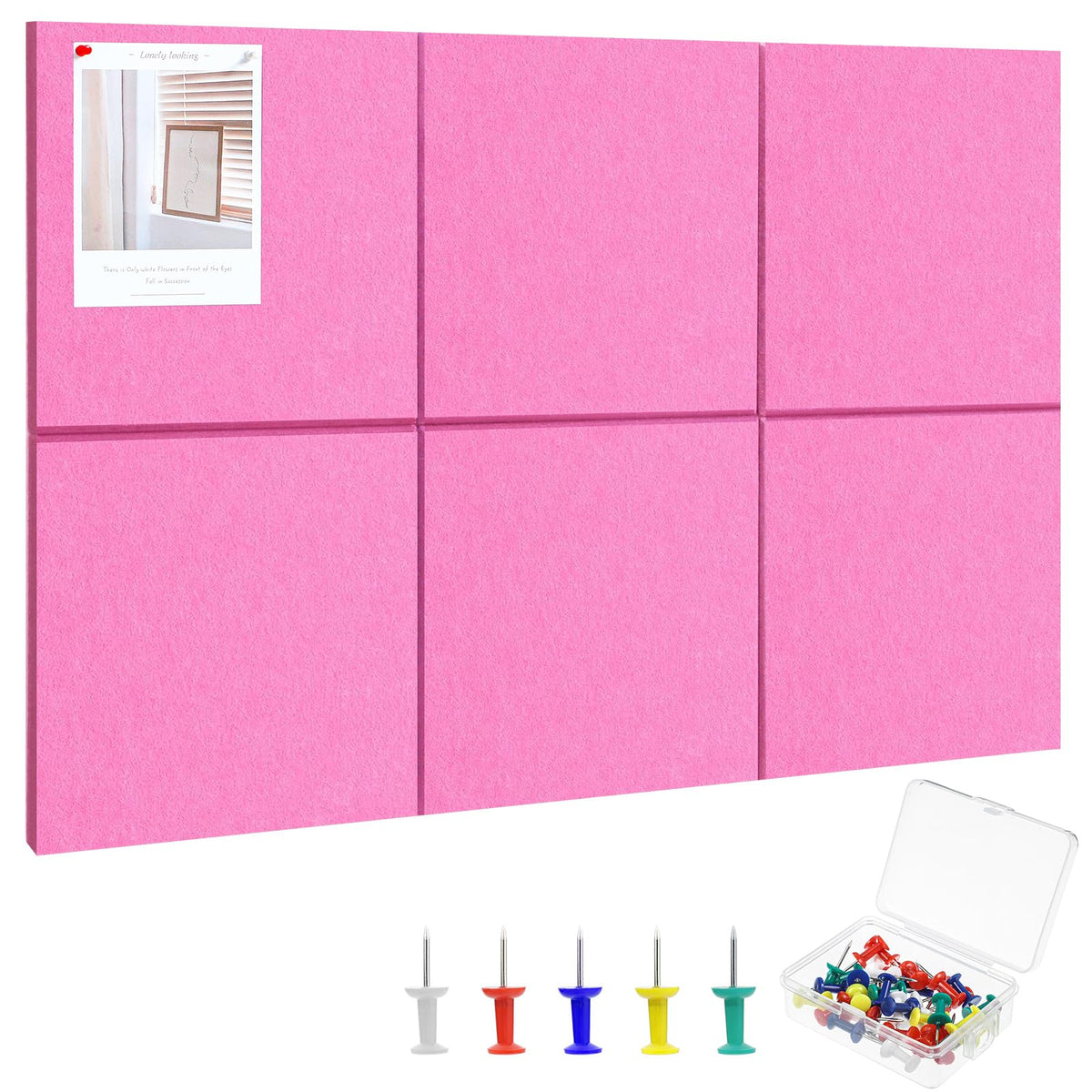 Large Cork Board 36" x 24", 6 Pack Felt Bulletin Board with 30 Pushpins, Cork Boards Alternative with Self-Adhesive Strips, Felt Wall Tiles Pin Boards for Walls Office Home School Decor-Hot Pink