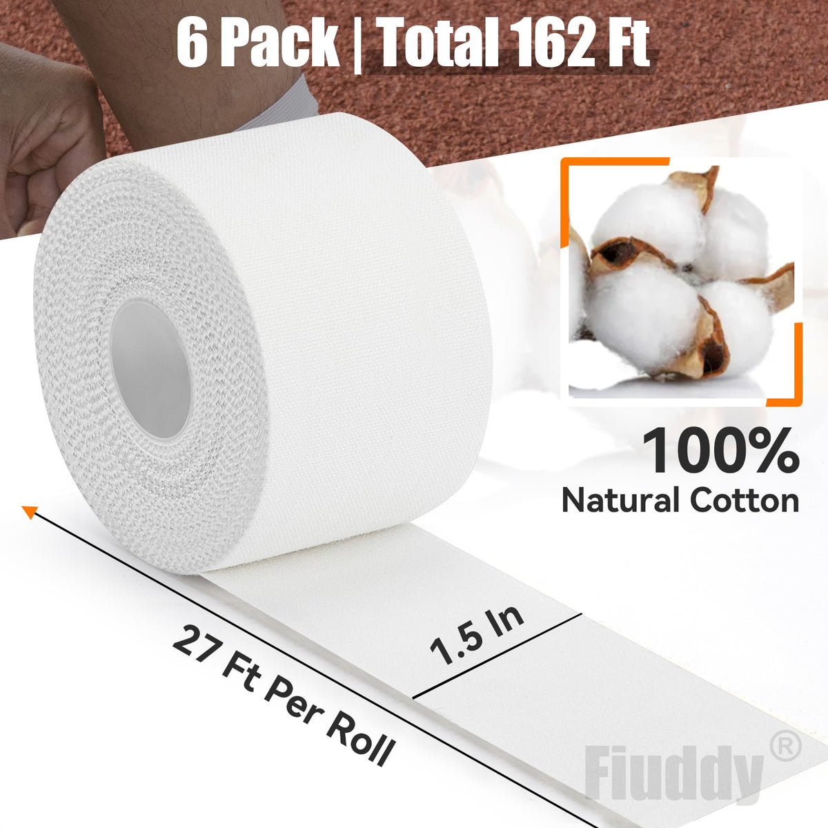 Professional 6 Pack White Athletic Sports Tape - 1.5 Inch × 27 Feet Per Roll | Total 162 Feet, Very Strong Easy Tear No Sticky Residue Wrist Ankle Tape for Football Climbing Soccer Gymnastics Injuries
